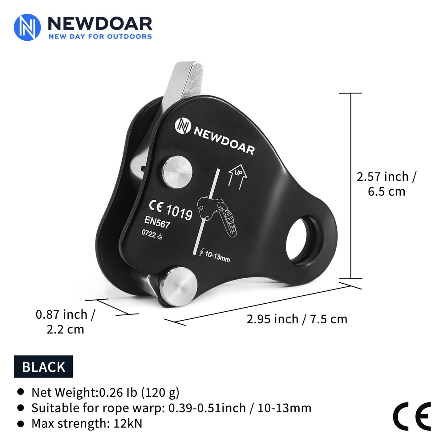 NewDoar Rope Grab Ascender 12KN Riser Adjuster Fits 10mm-13mm Rope for Rocking Climbing Protection Rescue (Black)