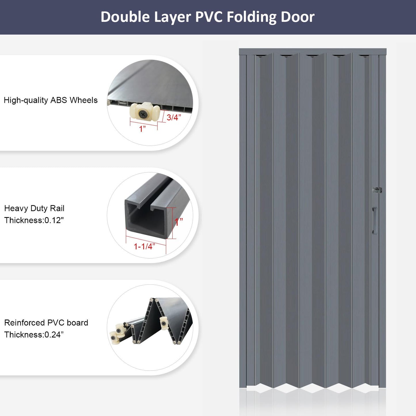 DIYHD 30X96in Interior Folding PVC Accordion Door,Grey,Include Door and Mounting Hardware,Handle,Latch,Folded Width 4-7/8"