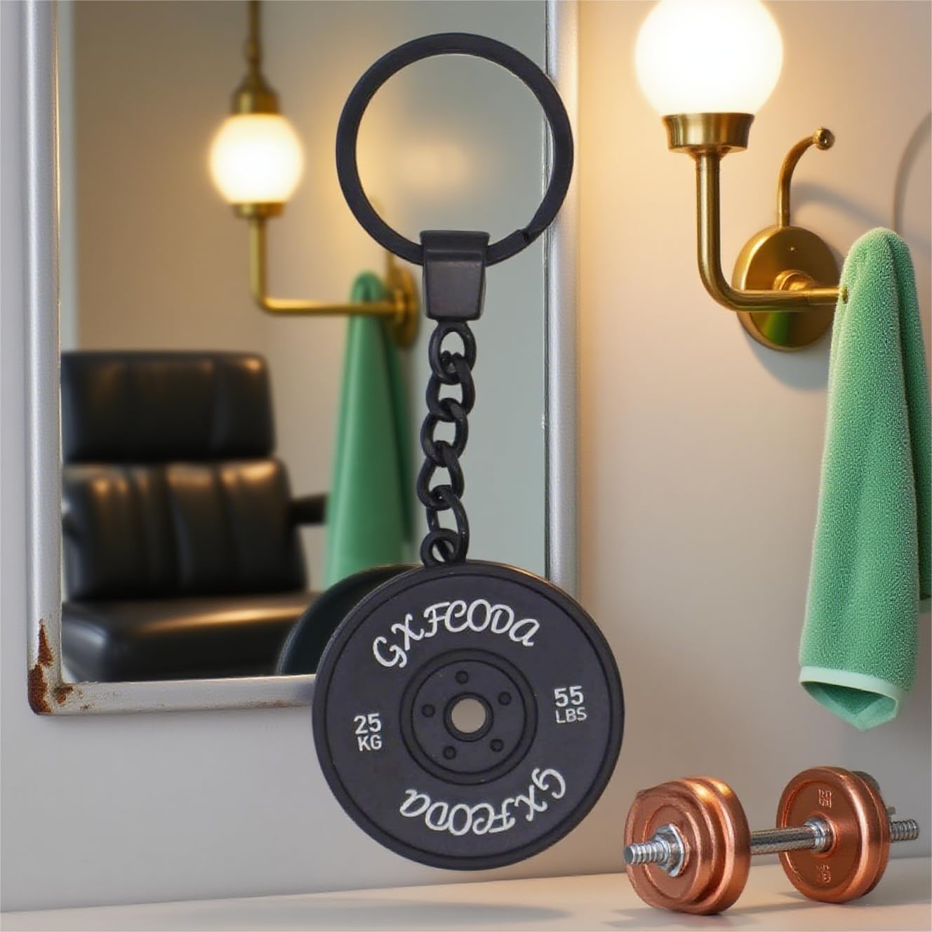 GXFCODA Metal Barbell Weight Plate Gym Keychain, Fitness Weightlifting Gifts for Gym Lovers Men Women Workout Bag Charm (Black)