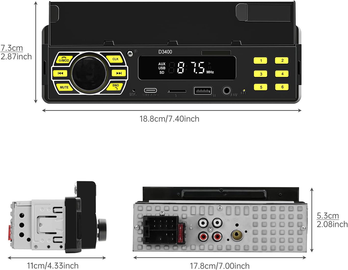 ePathChina MP3/SD/TF/AUX/USB/Remote/Type-C Car Audio Stereo, Single Din, Bluetooth, No CD DVD Player, FM Radio