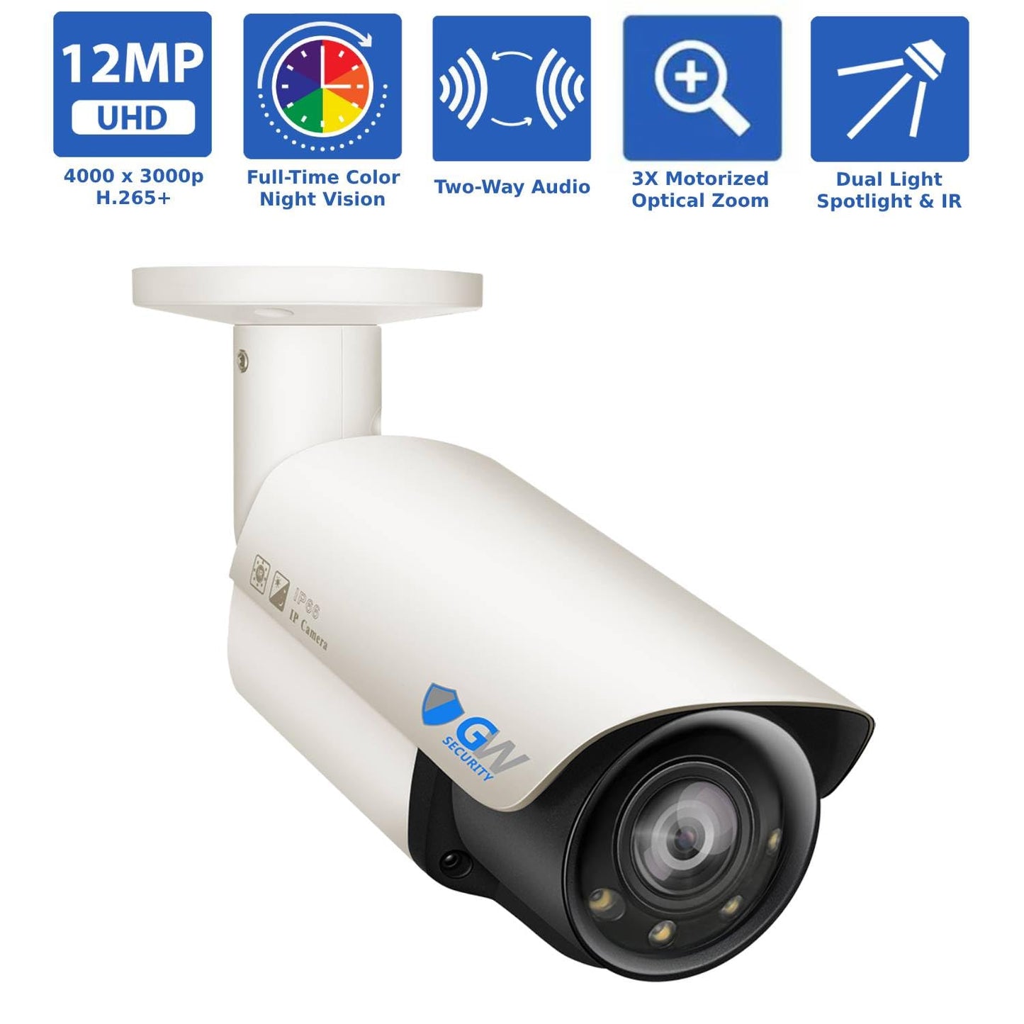 GW Security 8 Channel UltraHD 12MP 3X Motorized Zoom PoE Commercial Security Camera System with 4 x 12MP Full Color Night Face Recognition Outdoor Indoor Smart AI Bullet Camera, 160ft IR Long Distance