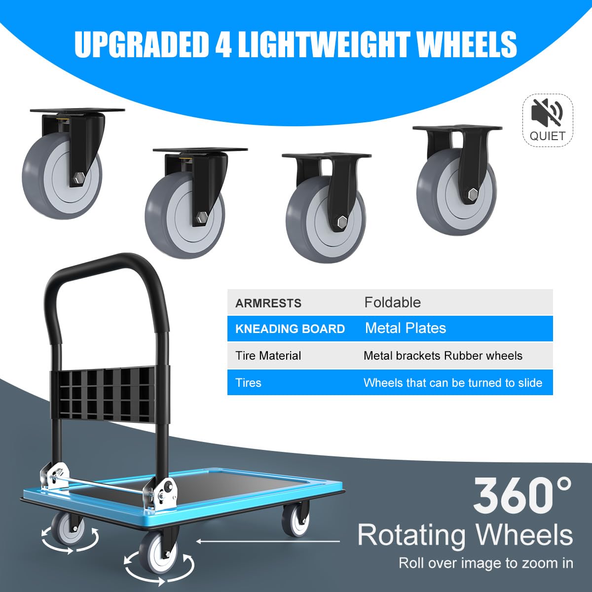 WUD Push Cart, Folding Mobile Platform Trolley,Thickened and Reinforced, 360° Swivel Wheels,36 “L x 24 ”W, 1100 lb. Blue Dolly cart with Wheels