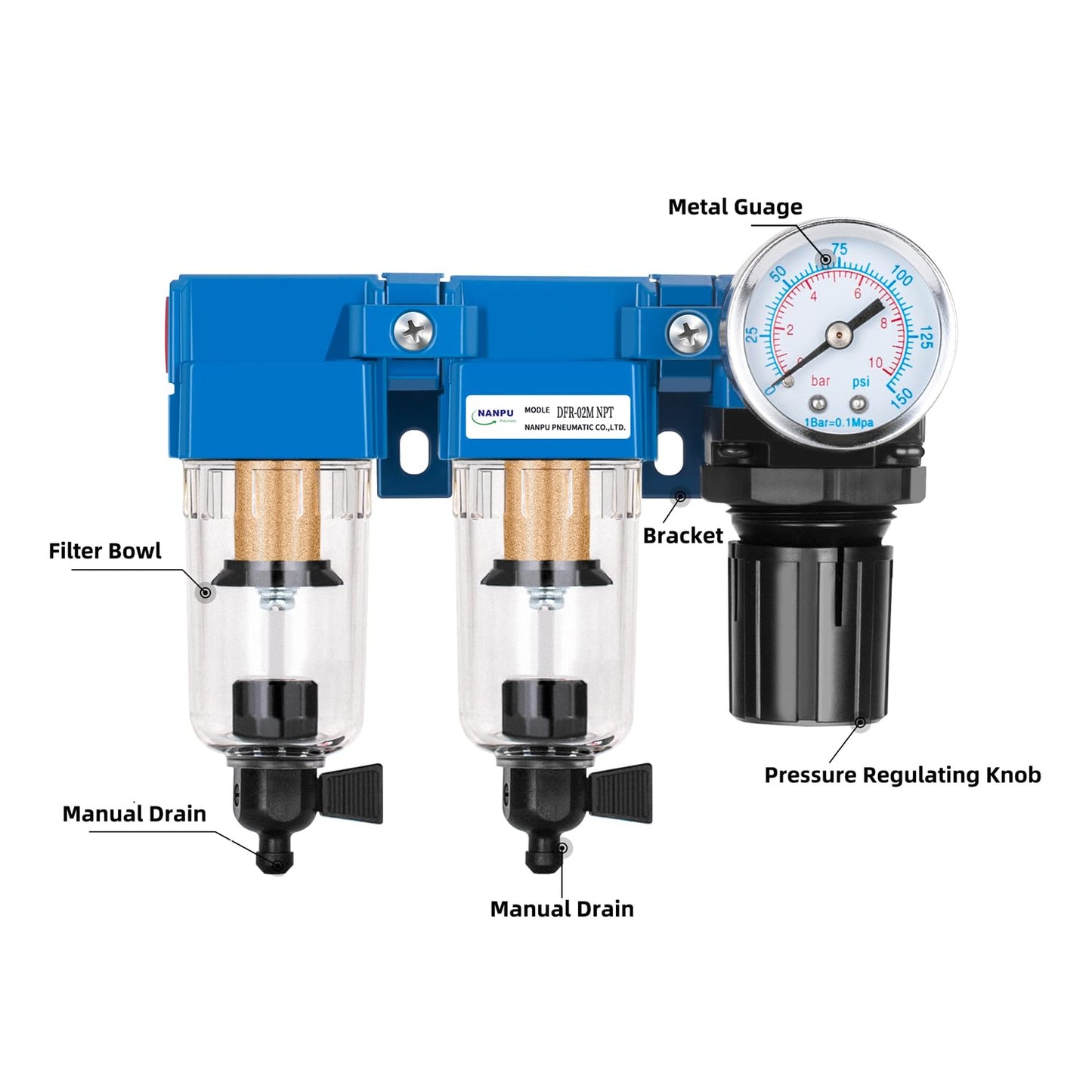 NANPU 1/4" NPT Air Drying System - Double Air Filters, Air Pressure Regulator Combo - Manual Drain, Poly Bowl - DFR-02M