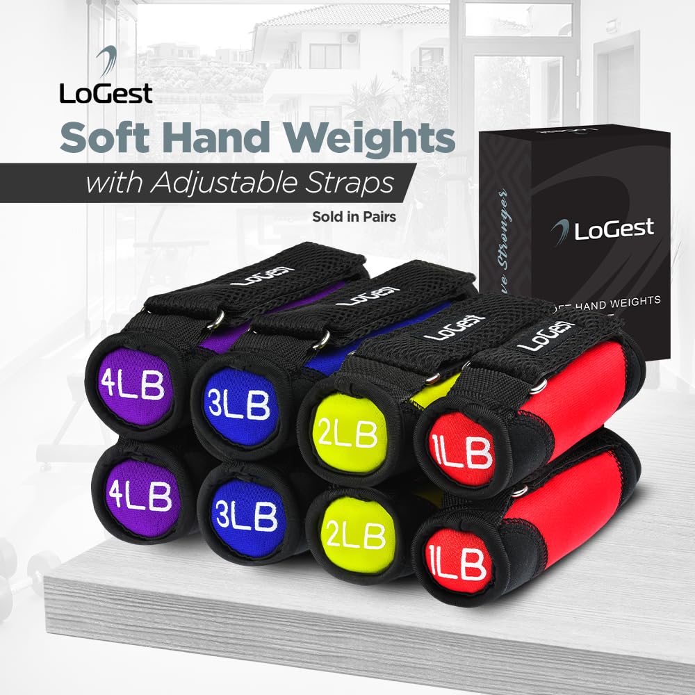 LoGest Soft Hand Weights Adjustable Straps - Comes in 1LB Weights or 2LB or 3LB 4LB - Comfortable & Secure Weighted Neoprene Dumbbells with Straps for Walking Running Cardio Workout Physical Therapy