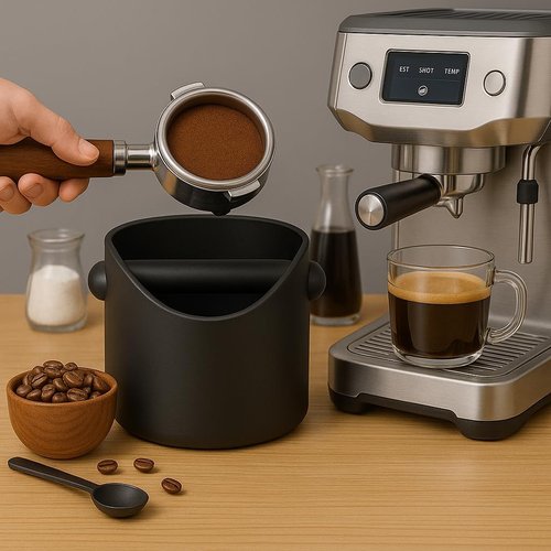 Barista Style Coffee Knock Box - 4.6 In Removable Plastic Knock Rod | Non-Slip Base Espresso Accessory (Black)