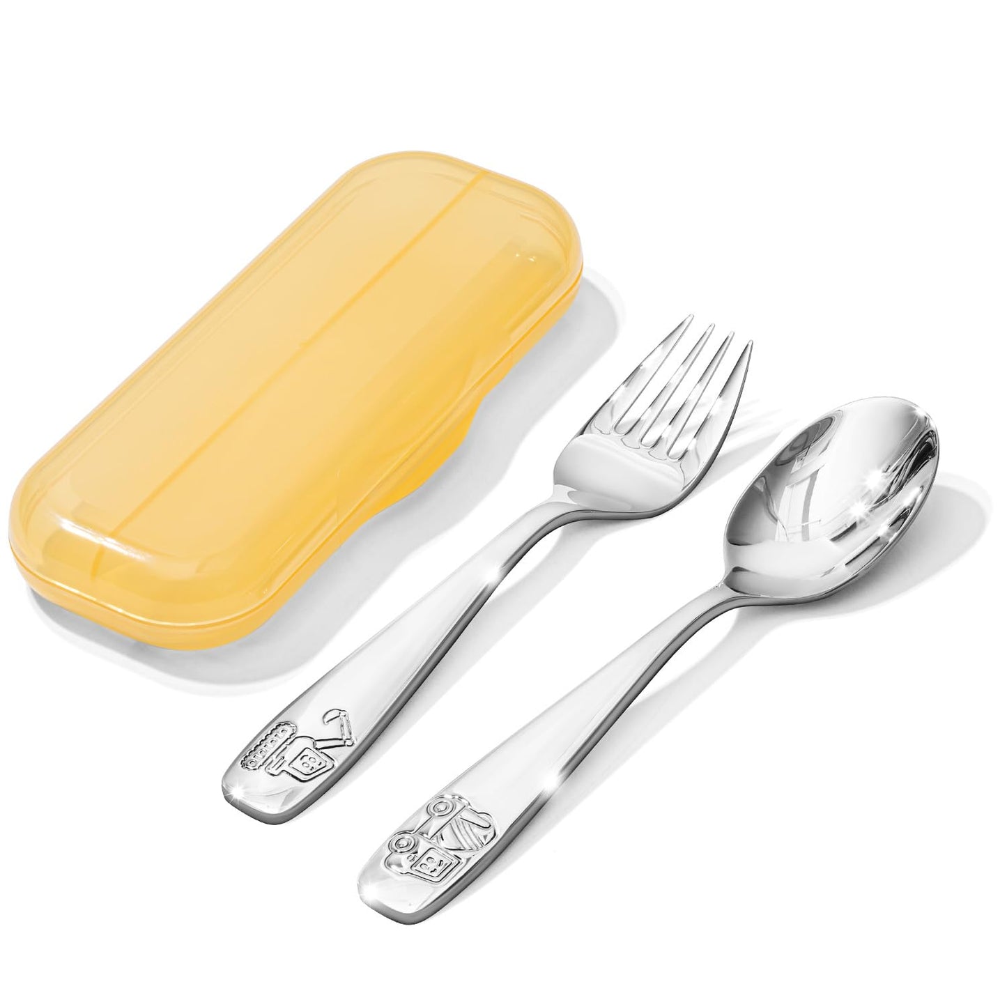 KINGSTONE Toddler Utensils Set with Case, 18/10 Stainless Steel Kids Silverware - Small Fork & Spoon, Construction Vehicle, Digger & Dump Truck Food-Grade Toddler Dishes, Dishwasher Safe