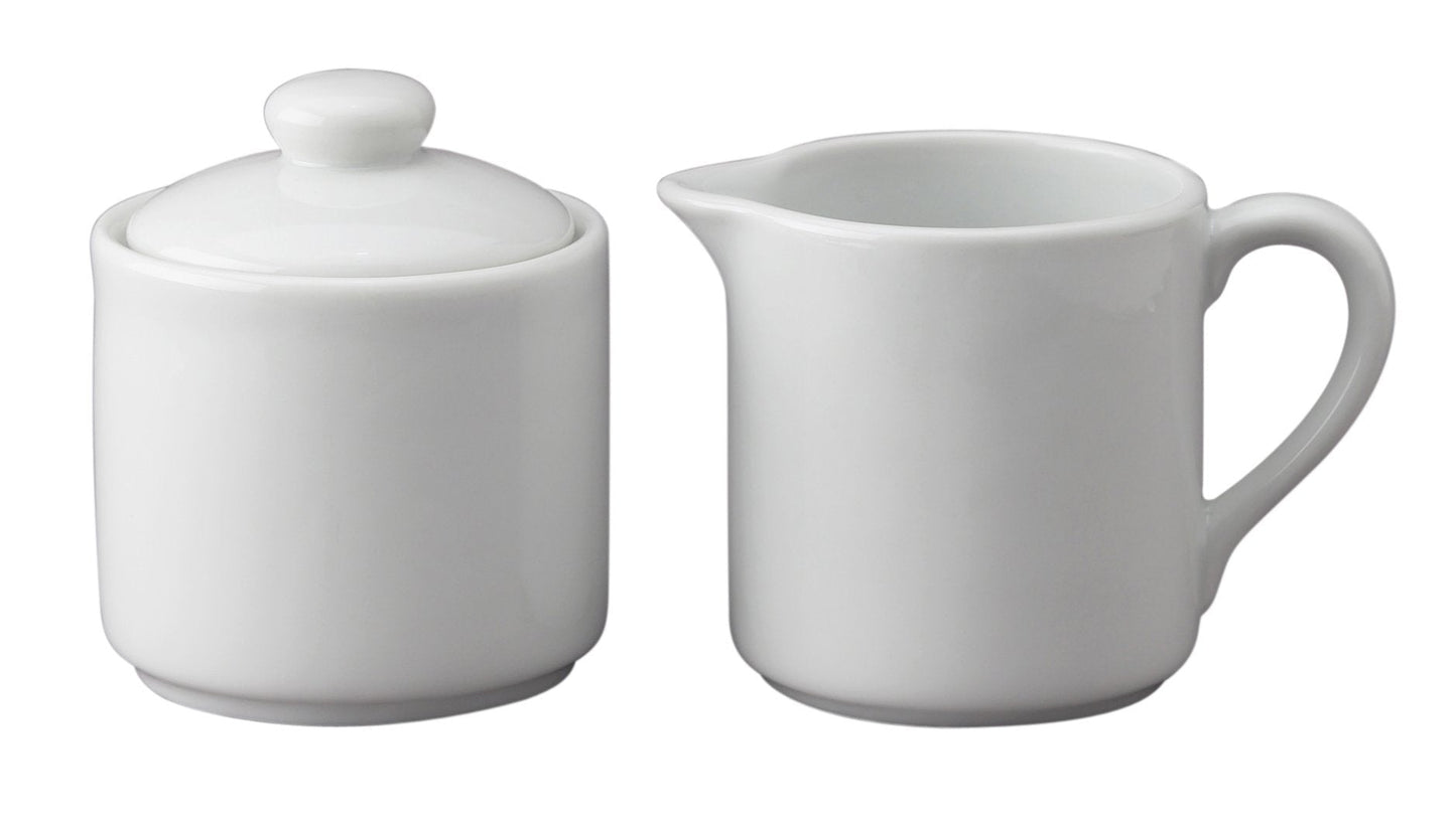 HIC Kitchen Contemporary Creamer And Sugar Bowl With Lid Set, Fine Porcelain, For Serving Sugar, Milk, Cream, Syrup, And Sauces, 3-Piece Set