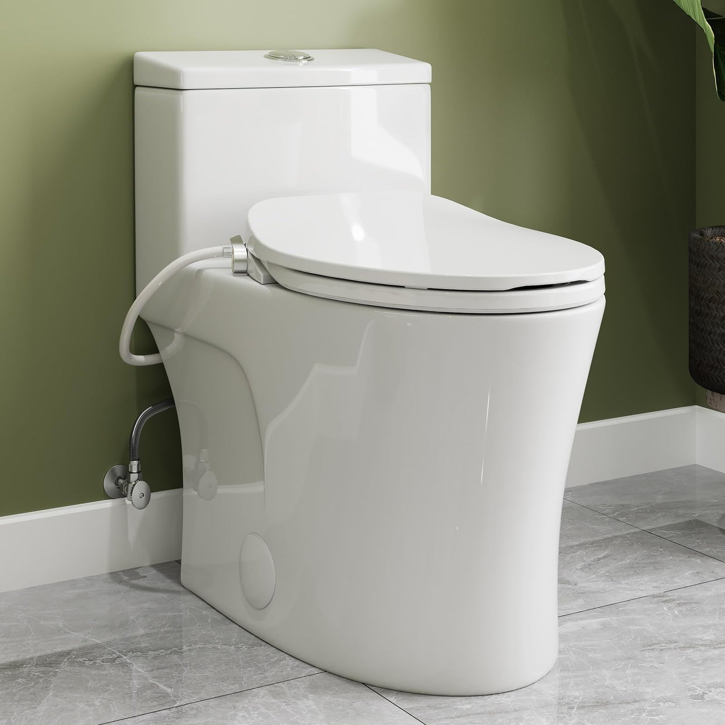 HOROW T0338W One Piece Toilet with Non-Electric Bidet Toilet Seat, Elongated ADA Chair Height Toilets with Adjustable Nozzles Seat, Powerful Dual Flush & Soft Closing Seat Include, White