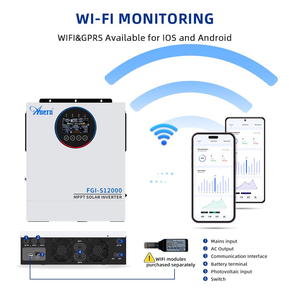 12KW Solar Hybrid Inverter All in One, 48V DC to 220V-230V AC On/Off Grid Pure Sine Wave Solar Inverter with 160A MPPT Charge Controller for Home Appliances, Work with Lead Acid & Lithium Battery