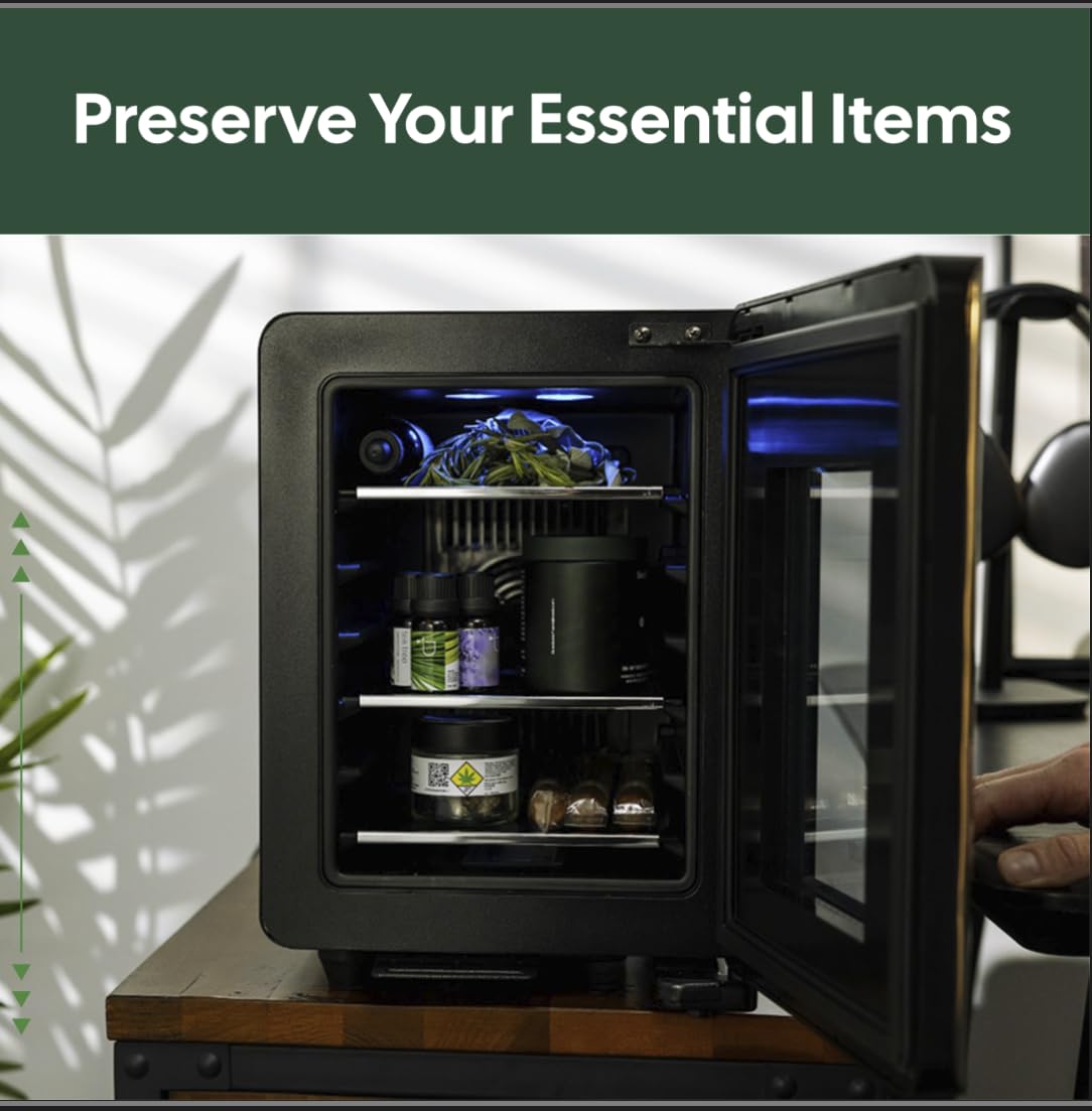 Terpkooler Essential Cooler Compact Portable Mini Fridge with Temp & Humidity Control, 3 USB Ports, Smoked Glass Shelves, Lockable UV Glass Door for Herbs, Oils, Cosmetics, and More