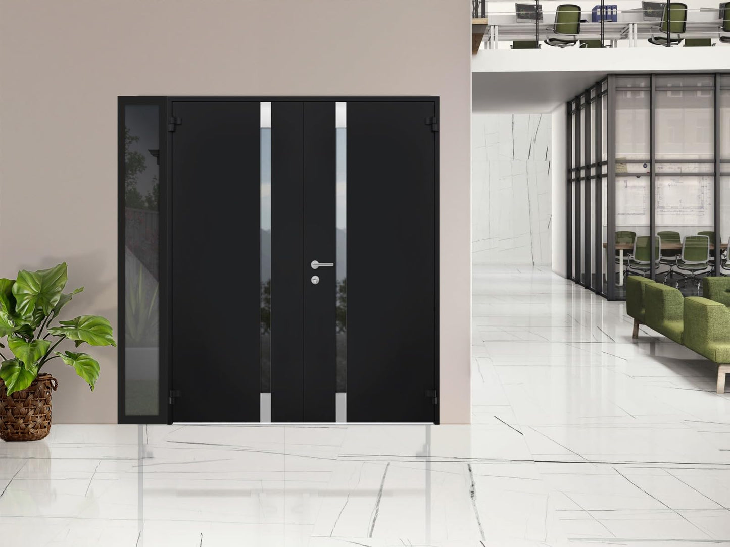 VDOMDOORS Front Exterior Prehung Steel Double Doors/Cynex 6777 Black/Side Exterior Window/Stainless Inserts Single Modern Painted 86x80 (W72+14" x H80)-Right-Hand Outswing