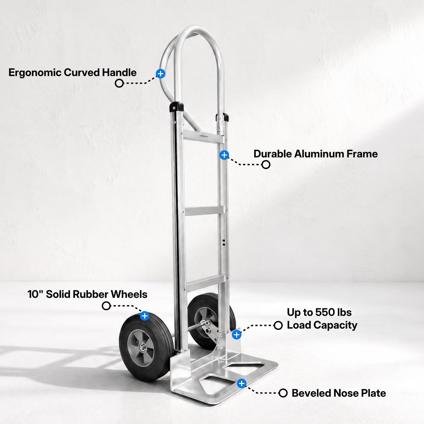 550 lbs Heavy Duty Aluminum Ergonomic Loop Handle, 10" Solid Rubber Wheels, Beveled Nose Plate, Ideal for Transporting Heavy Items, Portable and Durable Aluminum Frame (Curved Handle,550lb)