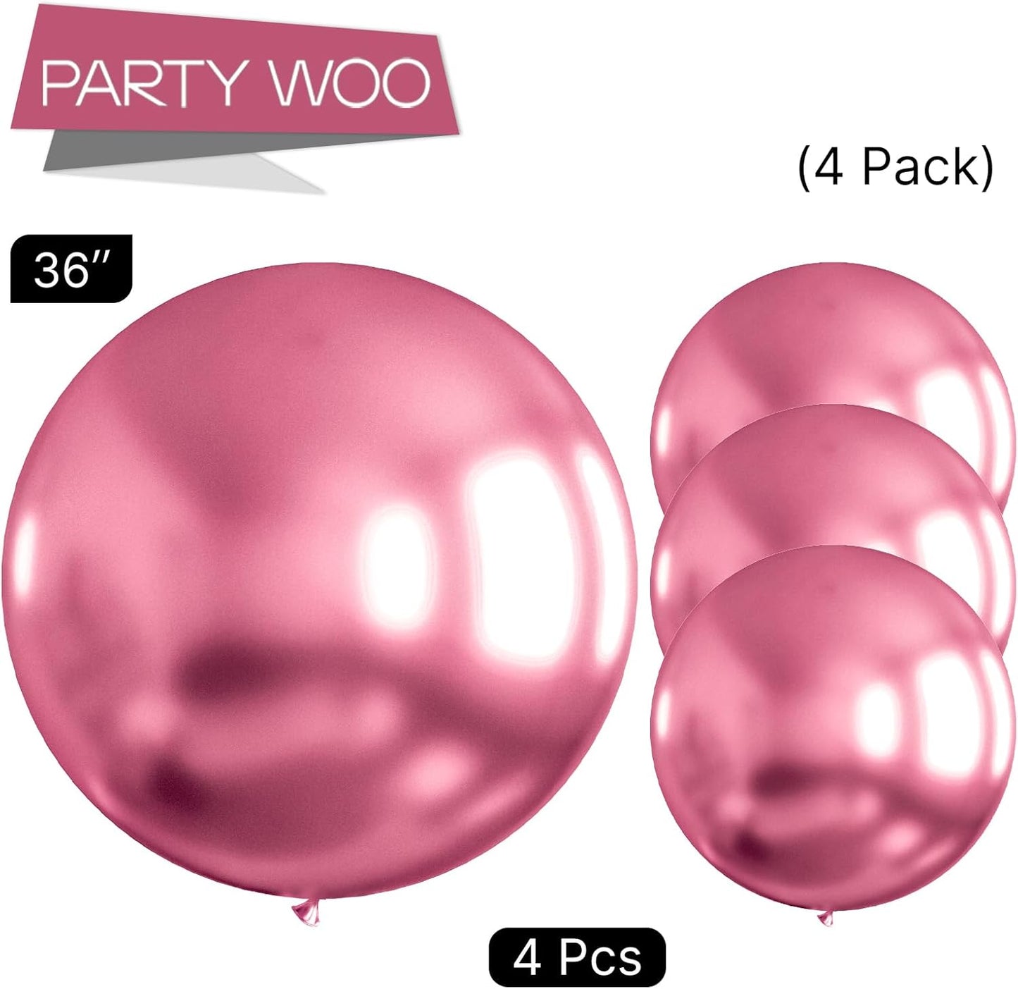 PartyWoo 36-Inch Metallic Pink Balloons - Jumbo Latex Balloons for Birthday & Wedding Decor | 4 Pcs