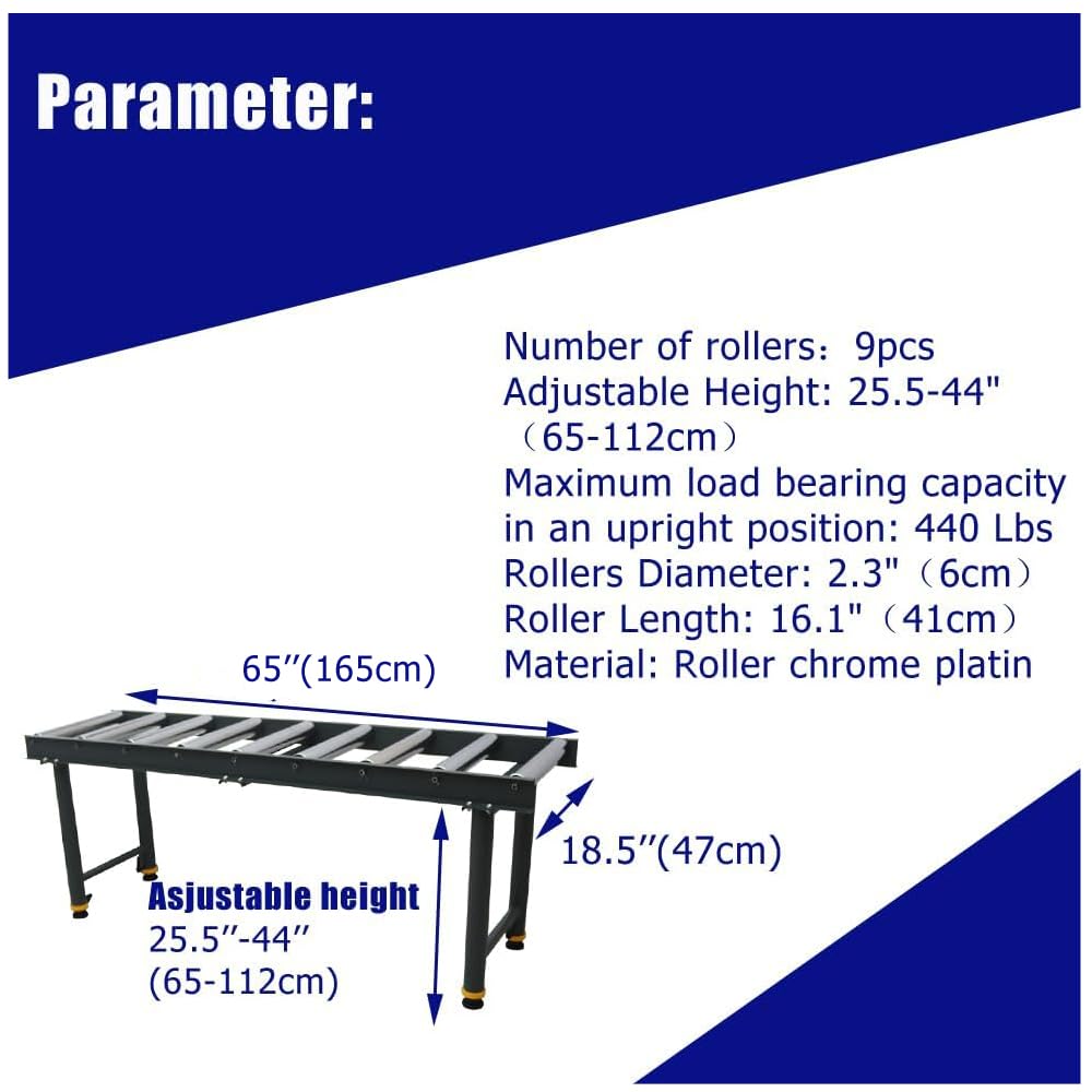 HayWHNKN 9 Rollers Adjustable Conveyor Roller Table Unpowered Roller Conveyor 2.3" Diameter Chrome Plating Roller Silver