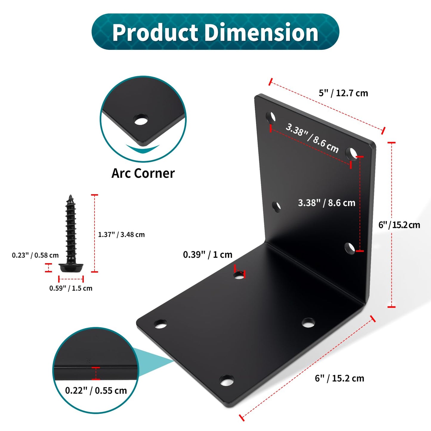 6" x 6" x 5" Heavy Duty Steel L Angle Corner Bracket, 90 Degree Support Bracket for Wood Beams Pergolas Shelves Furniture, Thickness 0.22", Max Load 300 lbs, 8 Pack