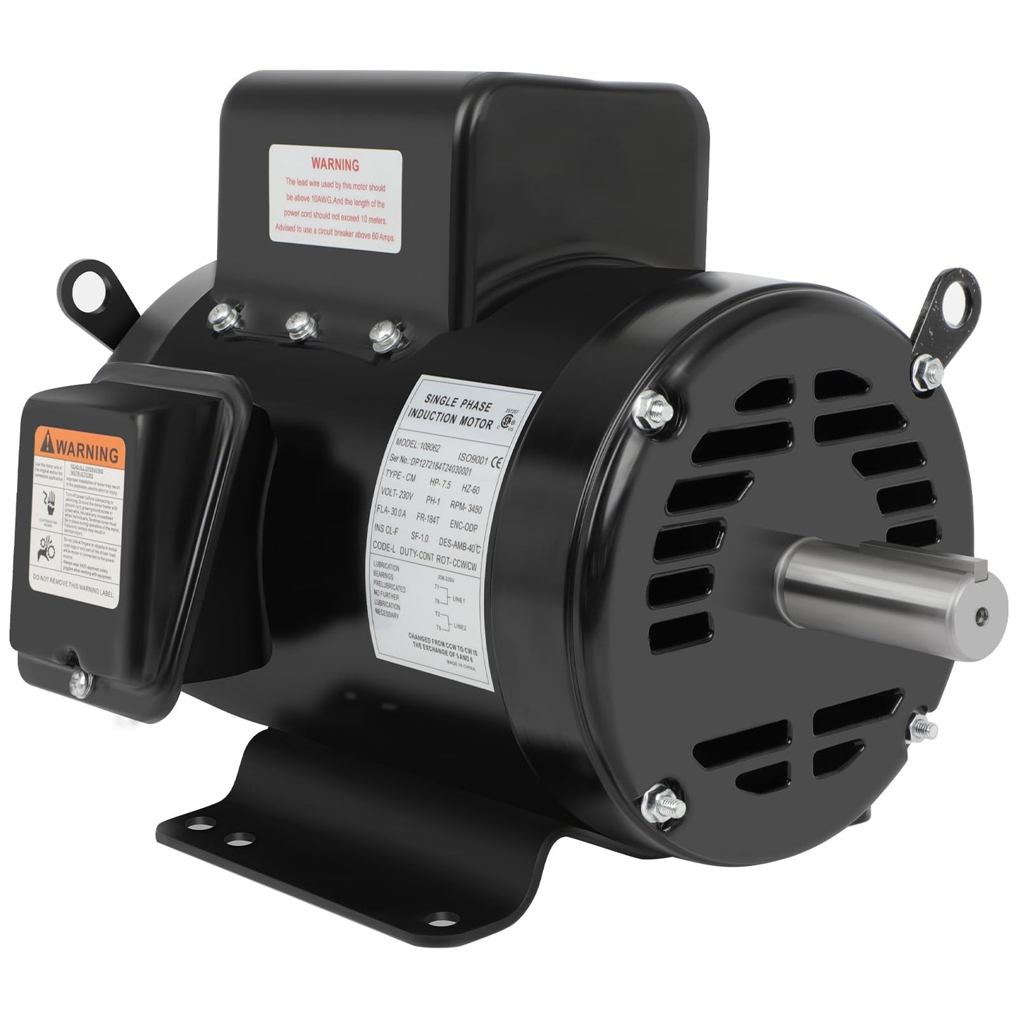 7.5HP Air Compressor Motor ODP 3450RPM, Single Phase 184T Frame Motor, 208V-230V, 1-1/8"Shaft Diameter Rolled Steel Shell