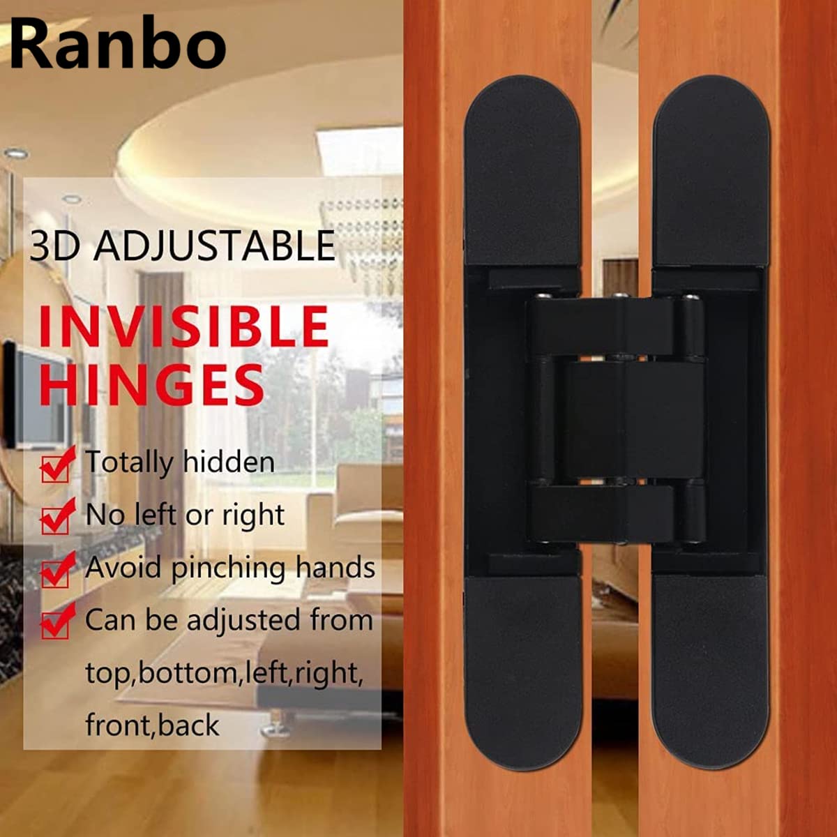 Ranbo 7 x 2.8 x 1.1 inch Zinc Alloy/Aluminum Alloy Material Heavy Duty Invisible/Concealed/Hidden 3 Way Adjustable Butt Hinge Suitable for Commercial Residential Industrial Door (7 inch Black)