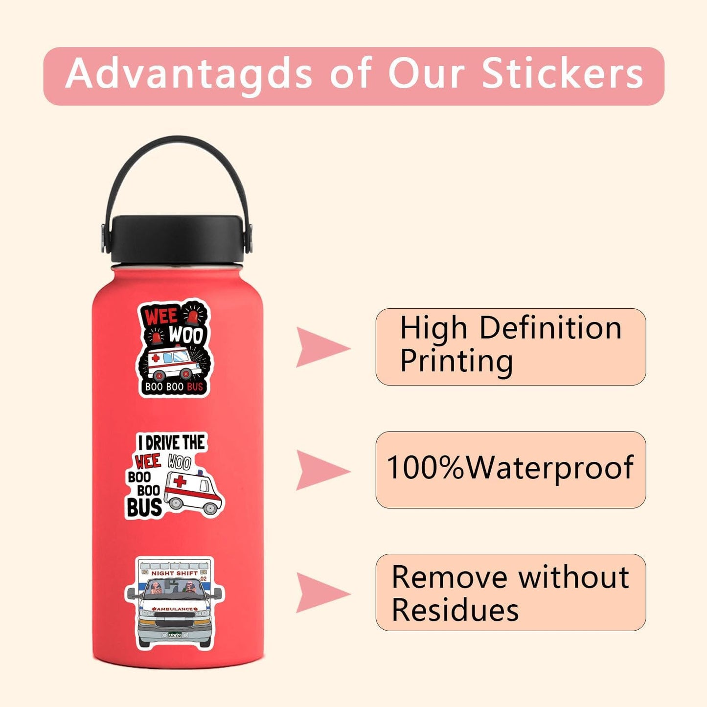 DEVMGRA 56Pcs Pack Ambulance Stickers Decals for Kids Paramedic Medical Stickers Waterproof Vinyl Water Bottle Sticker
