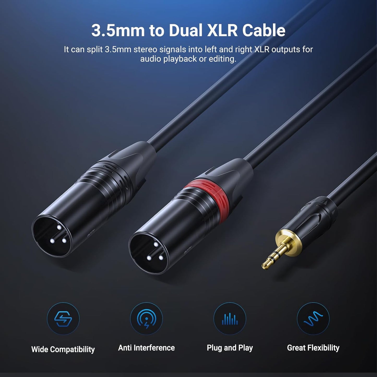 3.5mm 1/8 Inch 10ft MP3 MS024 NEEWER TRS AUX to Dual XLR Breakout Cable, Male to Male Audio Cord Adapter Connector