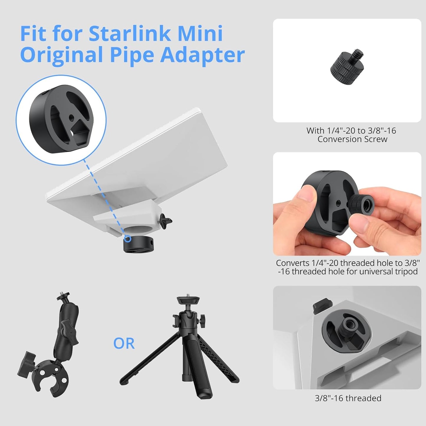CAMWAY 1/4"-20 3/8"-16 Star-Link Mini Tripod Adapter - Aluminum Alloy Tripod Adapter and Threads, Star-Link Mini