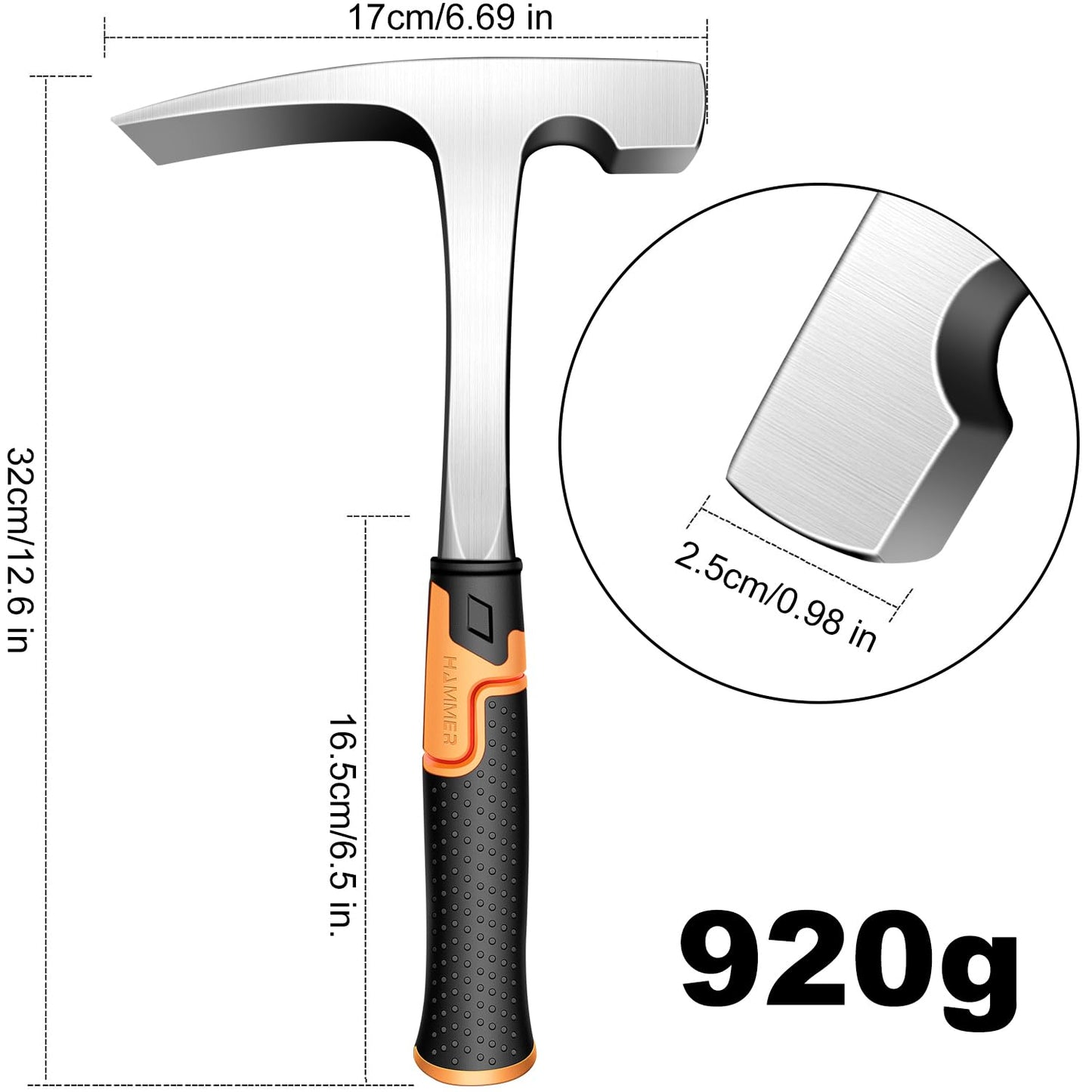 Mason's/Bricklayer'sHammer-32 oz Brick Hammer Masonary Tool- Forged one piece Steel Construction&shock reduction handle（12.7inch）