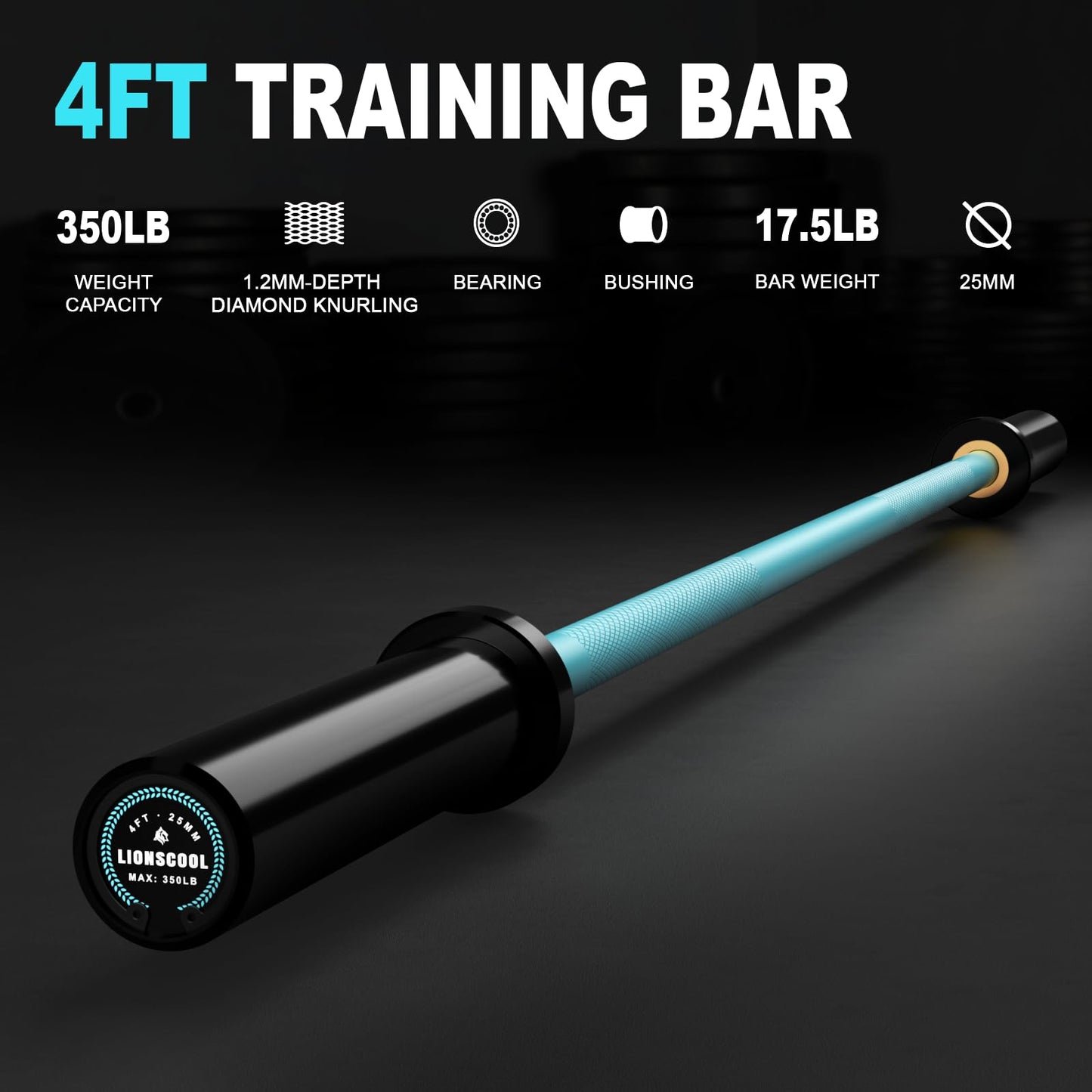 LIONSCOOL Premium 4ft/4.9ft/6ft Barbell for Strength Training and Olympic Weightlifting, 2 Inch Weight Bar for Squats, Curls, Deadlifts, Presses, Hip Thrusts, 350lbs/500lbs Capacity (Turquoise & Black, 4 ft)