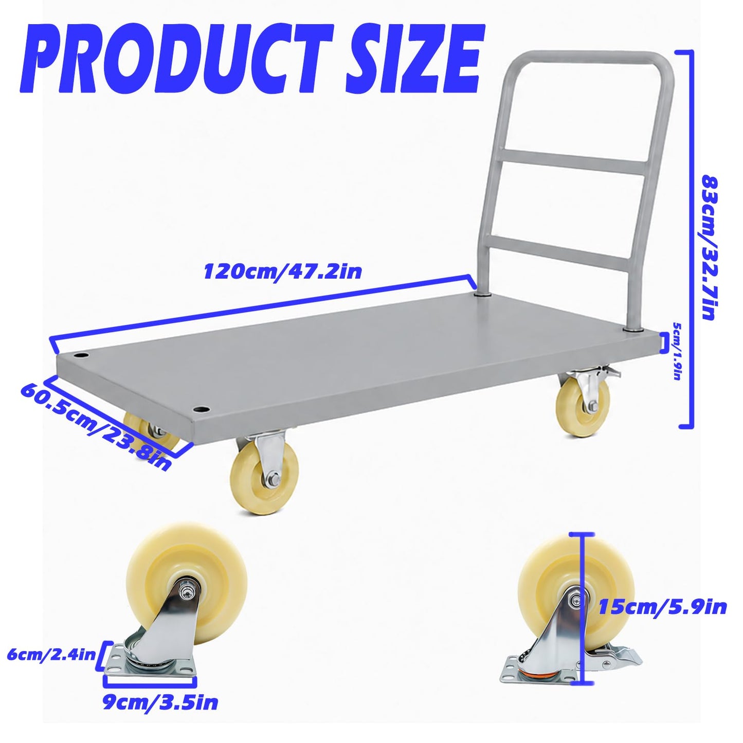 QVWZD Heavy Duty Steel Platform Truck, 47" L x 23.8" W x 32.7" H Flat Cart, Hand Trucks with Nylon Casters, 2000 lbs Capacity Steel Reinforced Flat Cart, Multi Use Utility Dolly for Warehouse Garage
