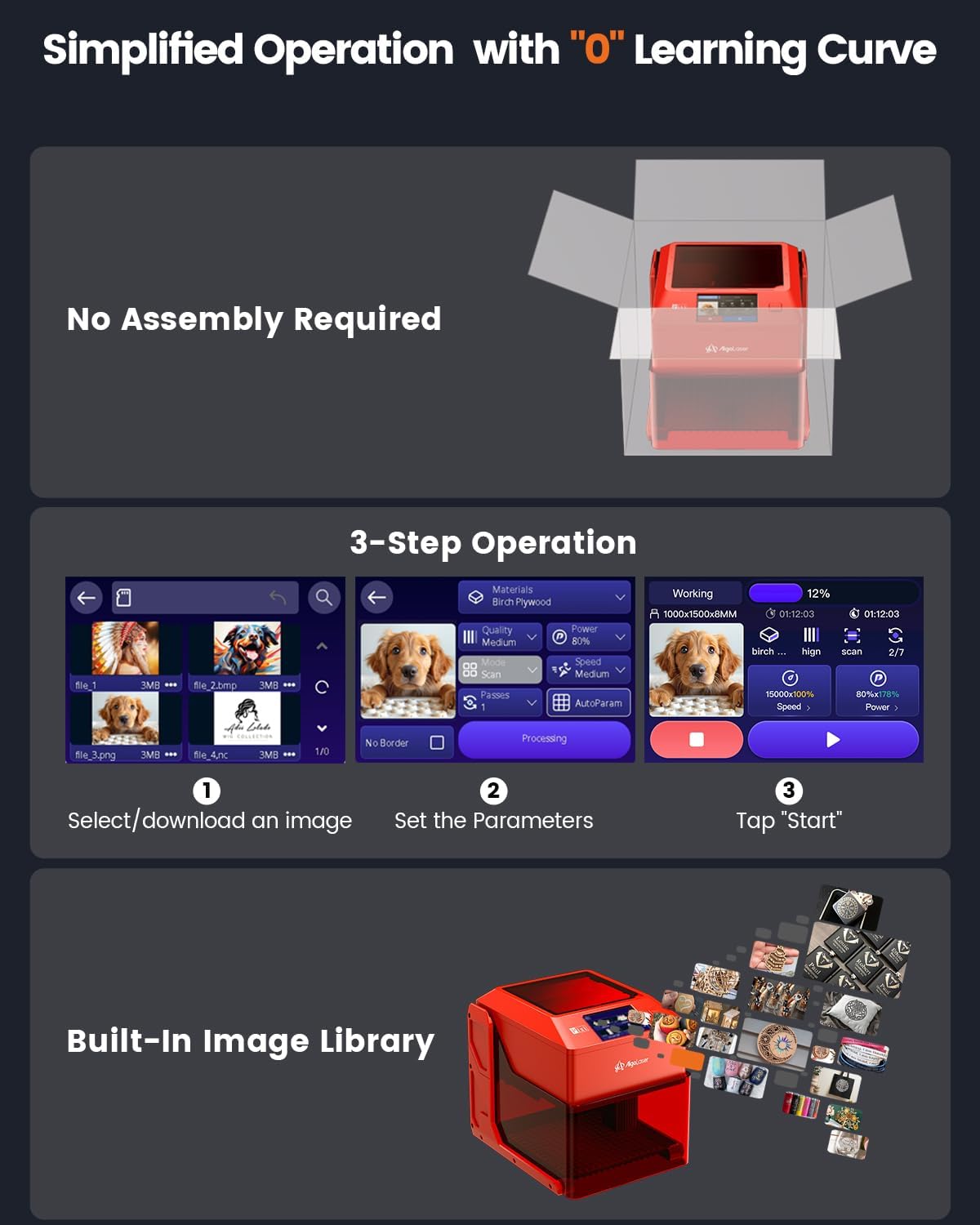 AlgoLaser 5W Laser Engraver Machine: Portable & Smart with 3.5" Touch Screen, Hand Drawing/Wireless/SD Card/Offline Engraving, AlgoOS Self Developed System for Wood, Acrylic, Leather