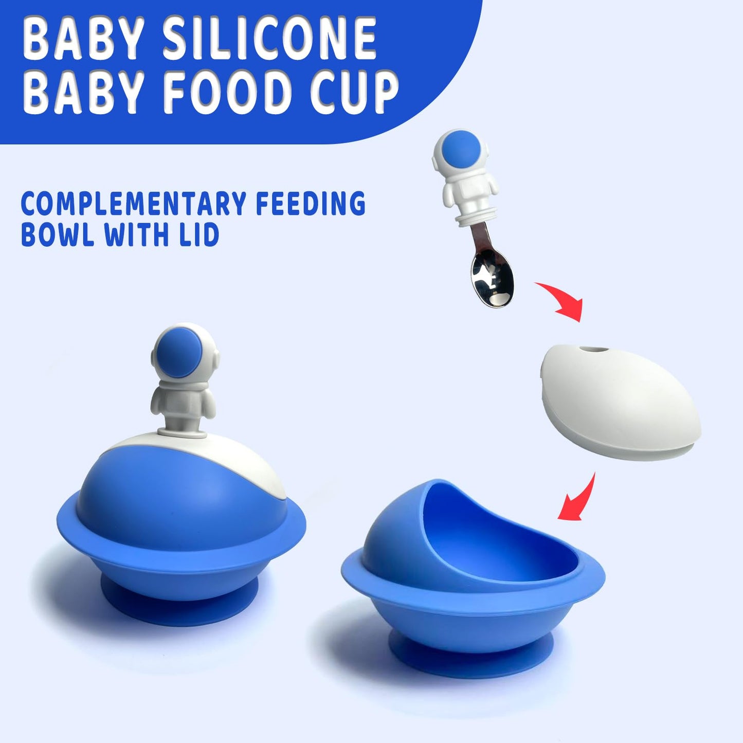 8 PCS Silicone Baby Feeding Set, Astronaut Theme, Spoons, Fork, Silicone Bibs, Baby Sippy Cups, Plate Bowl Set Baby Eating Essentials Led Weaning Toddler (Blue)