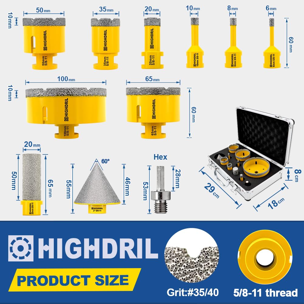 HIGHDRIL Diamond Drill Bits Kit with 5/8-11 for Porcelain Tile Ceramic Marble Brick Concrete Vacuum Brazed Hole Saw(6/8/10/20/35/50/65/100mm+50mm Chamfer Bit+20mm Finger Bit+Adapter)