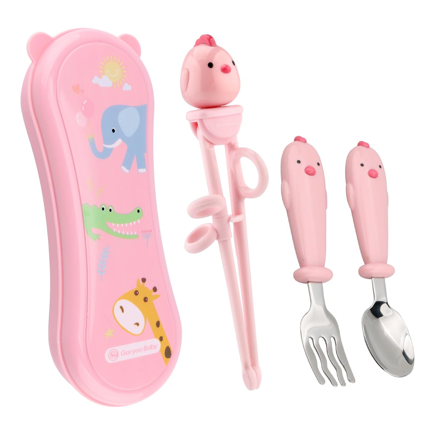 Goryeo Baby Toddler Utensils Stainless Steel Kids Silverware Set with Kids Training Chopsticks and Baby Spoon and Fork for Self Feeding Learning with Case (3PCS)(Pink)
