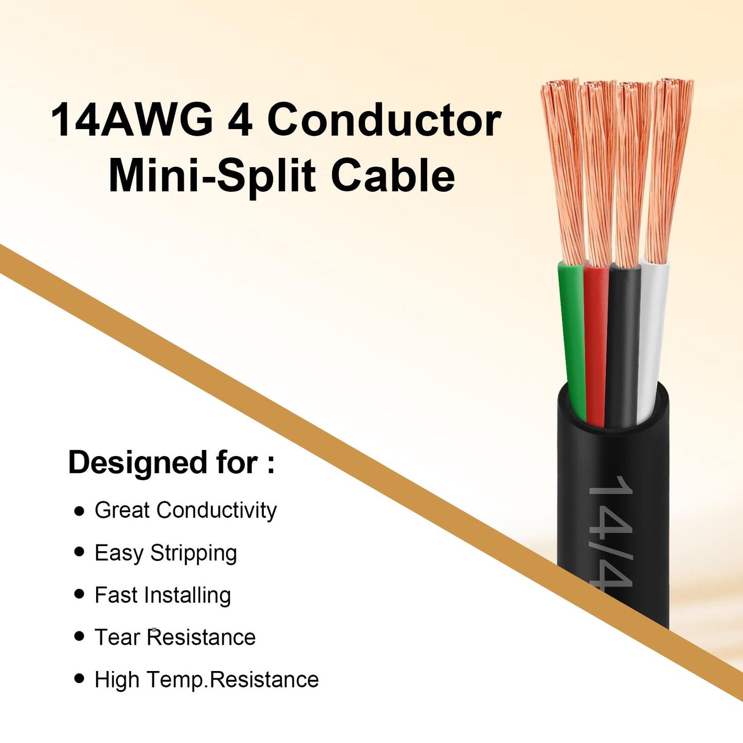 MOOKEERF 14/4 AWG Mini-Split Cable - 200FT 14 AWG 4 Conductor Control Cable 300V Stranded Oxygen-Free Pure Copper Wire for Mini Split Air Conditioner,Heat Pump,HVAC Systems and Speaker Systems