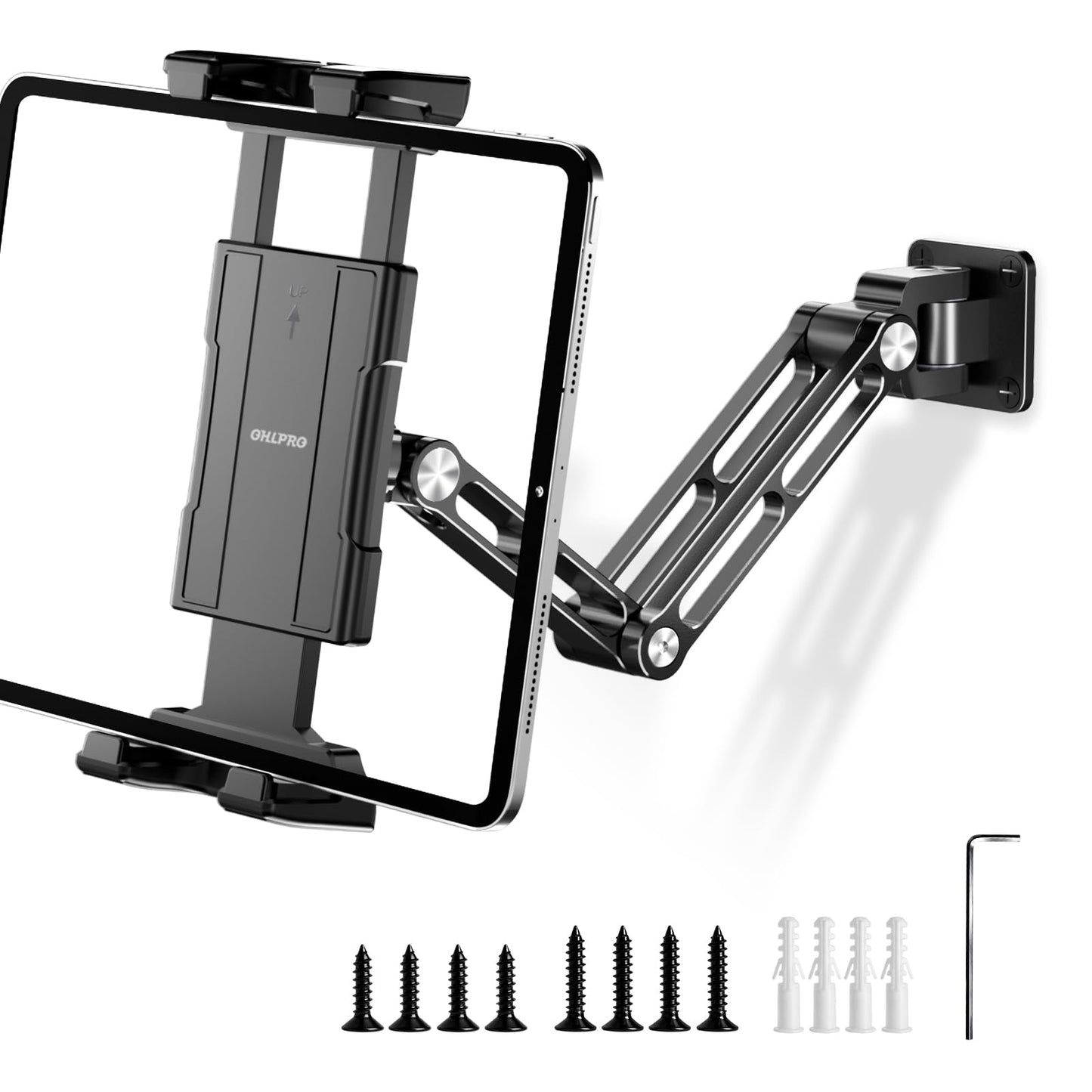OHLPRO Tablet Wall Mount Holder for iPad, Aluminum Foldable Arm with 360° Rotating Base, Adjustable Clamp for 5-13" Tablets & Phones, Metal Screw Mount for Kitchen, Office, Gym - 9.6" Aluminum Arm