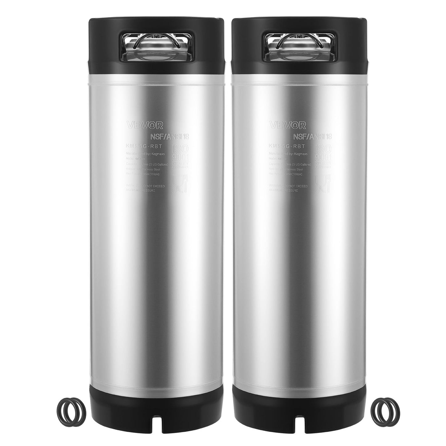 VEVOR Corny Keg, 5 Gallon Ball Lock Keg, SUS304 Cold Brew Kegs with Dual Rubber Handles & Heavy-Duty Rubber Bottom, Brewing Equipment for Home Brewing Party, 2 PCS