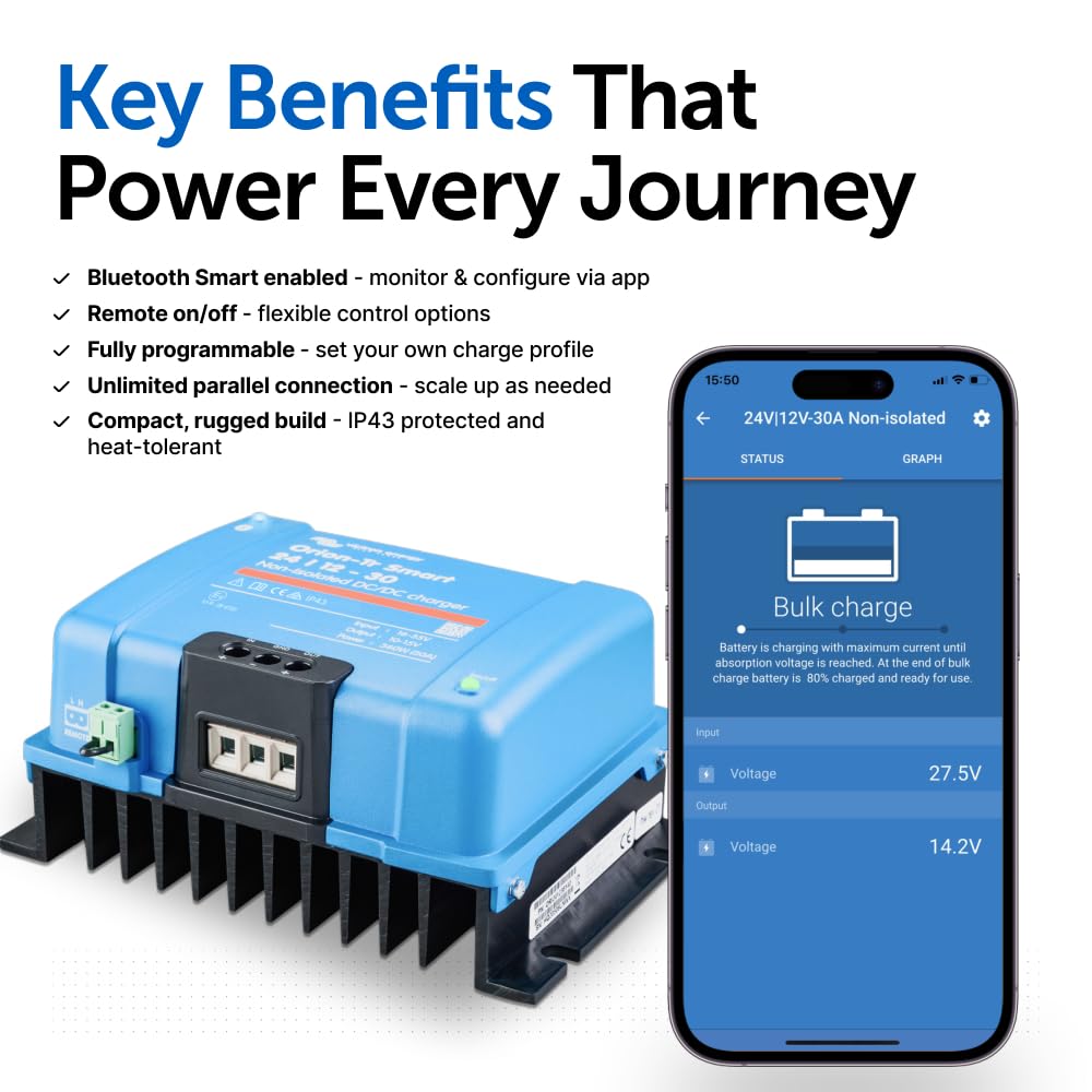 Victron Energy Orion-Tr Smart DC to DC Charger (Bluetooth) - 24/12-Volt 30 amp 360-Watt - Battery Charger for Dual Battery Systems - Non-Isolated