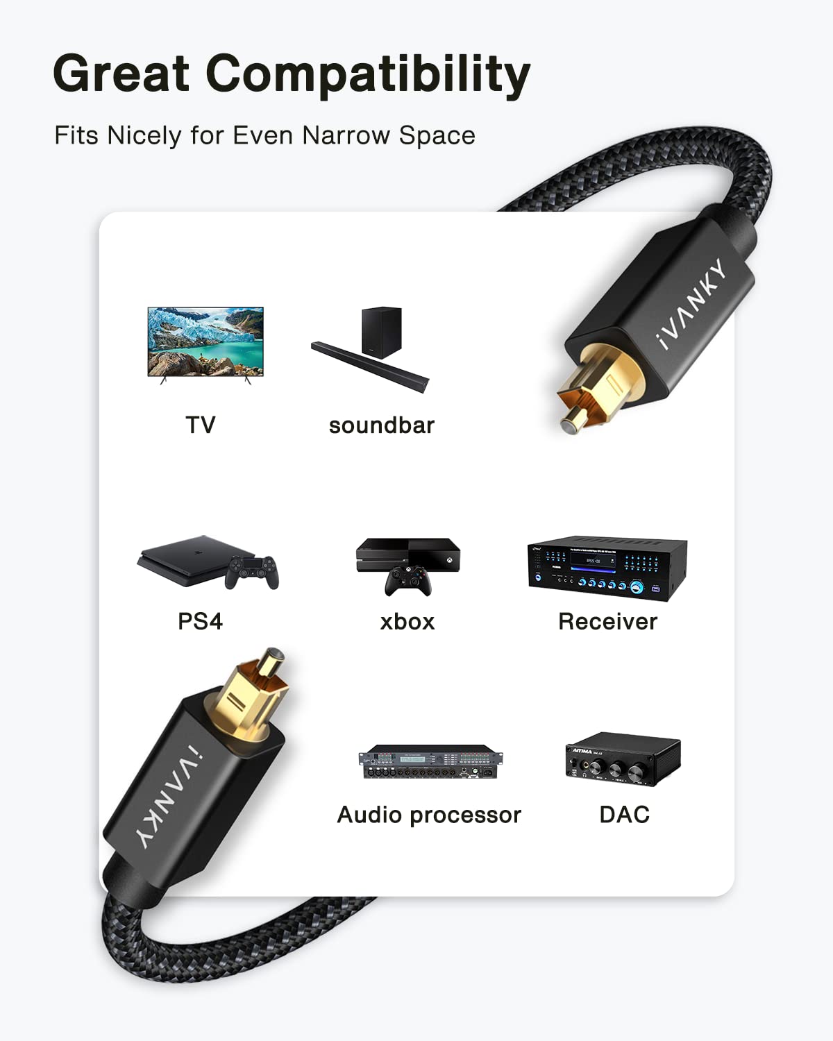 10ft/3M, 24K CL3 PS4, IVANKY Optical Audio Cable Nylon Braided, Gold-Plated, Slim Metal Case, Rated, S/PDIF Digital