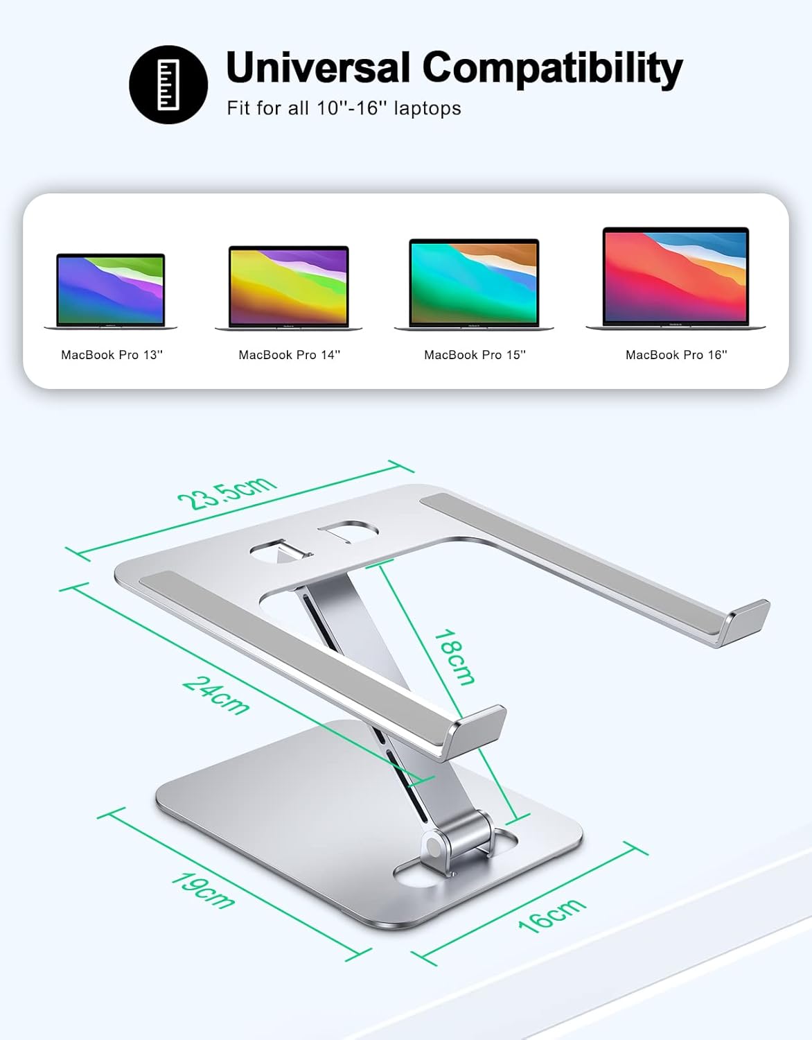 RIWUCT 10-16" Foldable Laptop Stand, Height Adjustable Ergonomic Computer Stand for Desk Lecterns Riser, Aluminum