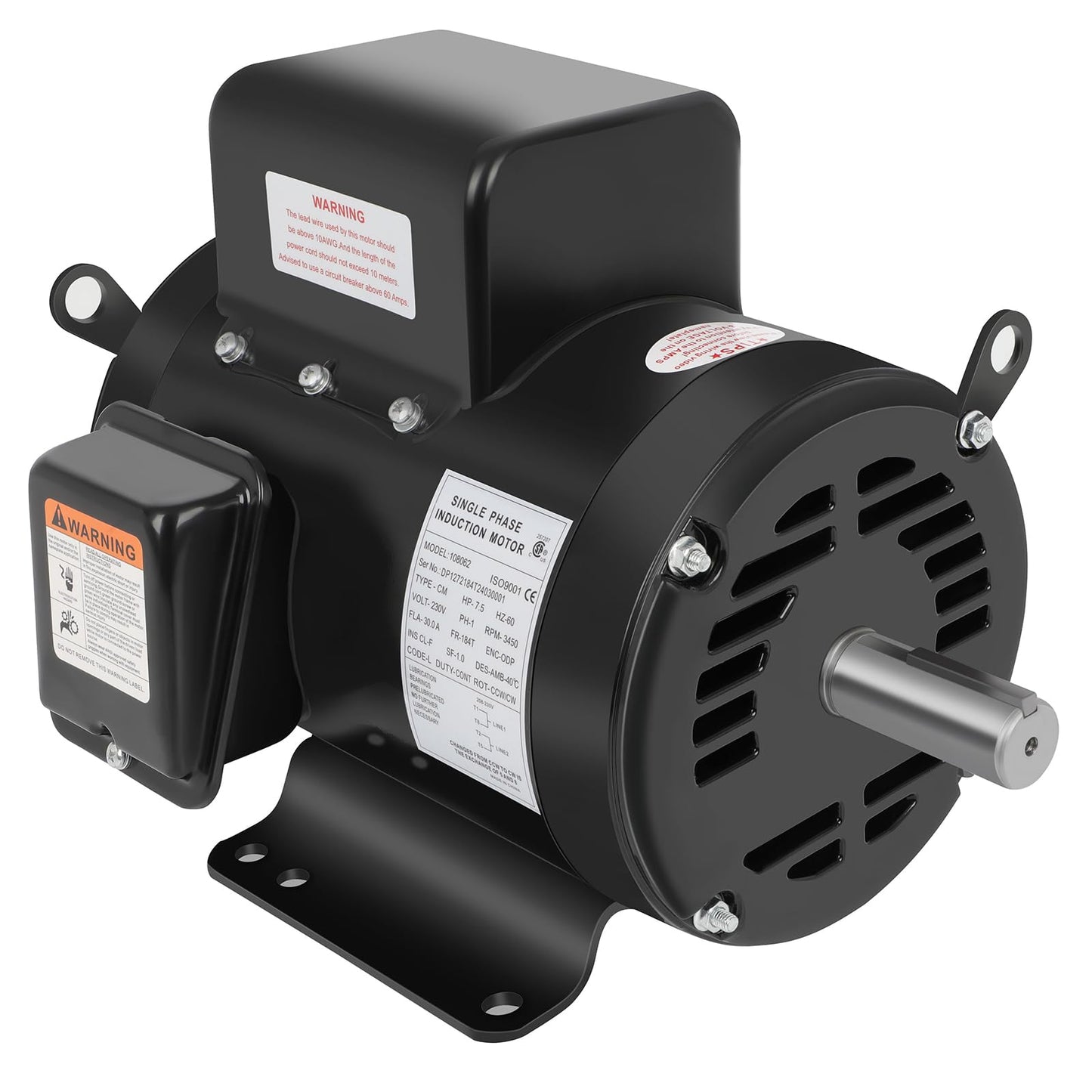 7.5 HP Air Compressor Motor Single Phase 184T Electric Motor 3450RPM 208V-230V 2Pole 1-1/8"Shaft Diameter CW/CCW ODP