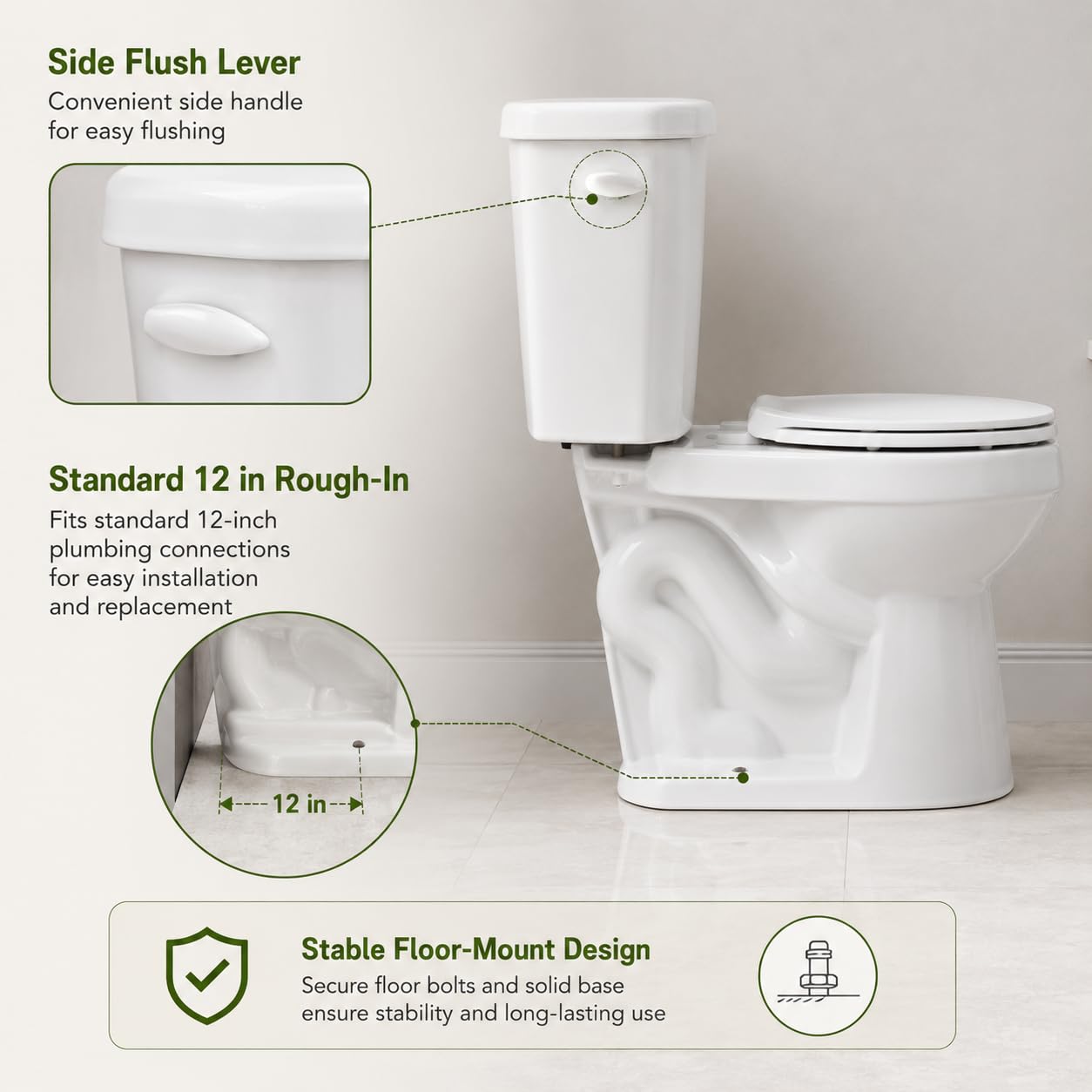 15 Inch Round Front Toilet for Small Bathrooms, Two Piece Compact Ceramic Commode with Side Flush, 1.28 GPF Siphonic Flush, Soft Close Seat, cUPC Certified, 12 Inch Rough-In