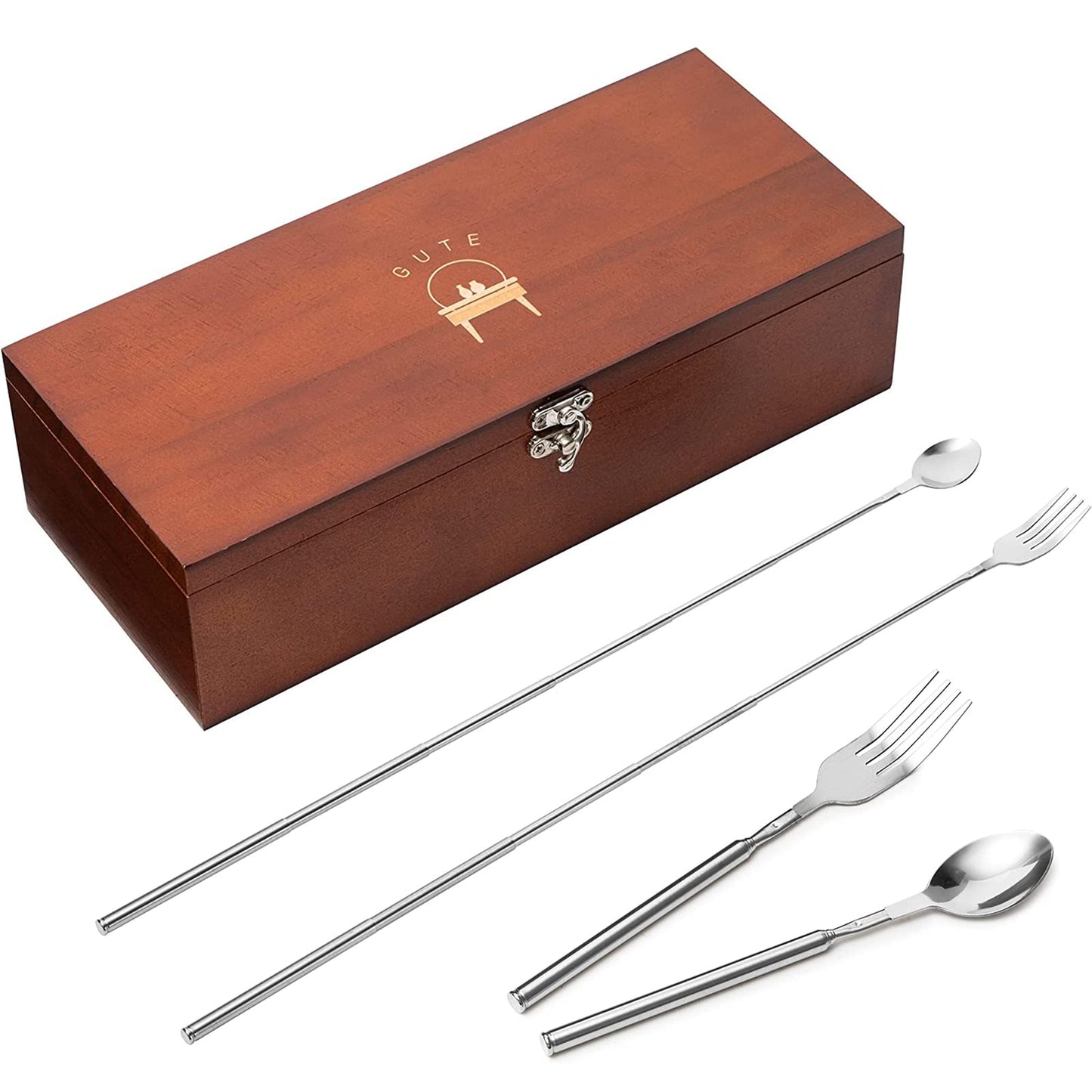 Funny Gag Gift Long Handle Extendable Fork & Spoon Set, Stocking Stuffer, Telescopic Extendable Dinner BBQ Stainless Steel Flatware Cutlery Dad, Fun Grilling Parties - Extends 25"!