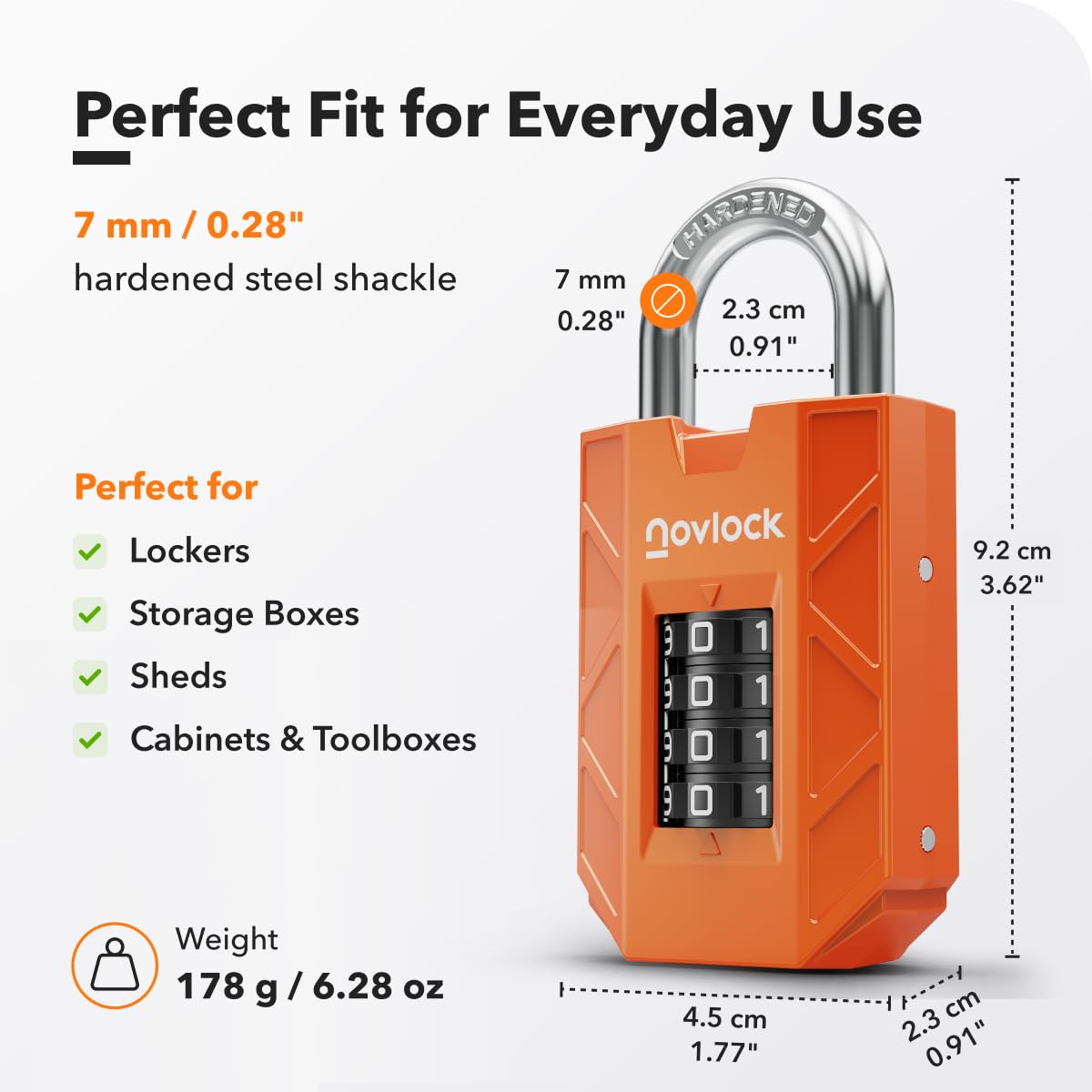 NOVLOCK Combination Lock for Locker, 4-Digit Padlock with Code for Gym, School, Home & Work, 1-Pack, Orange