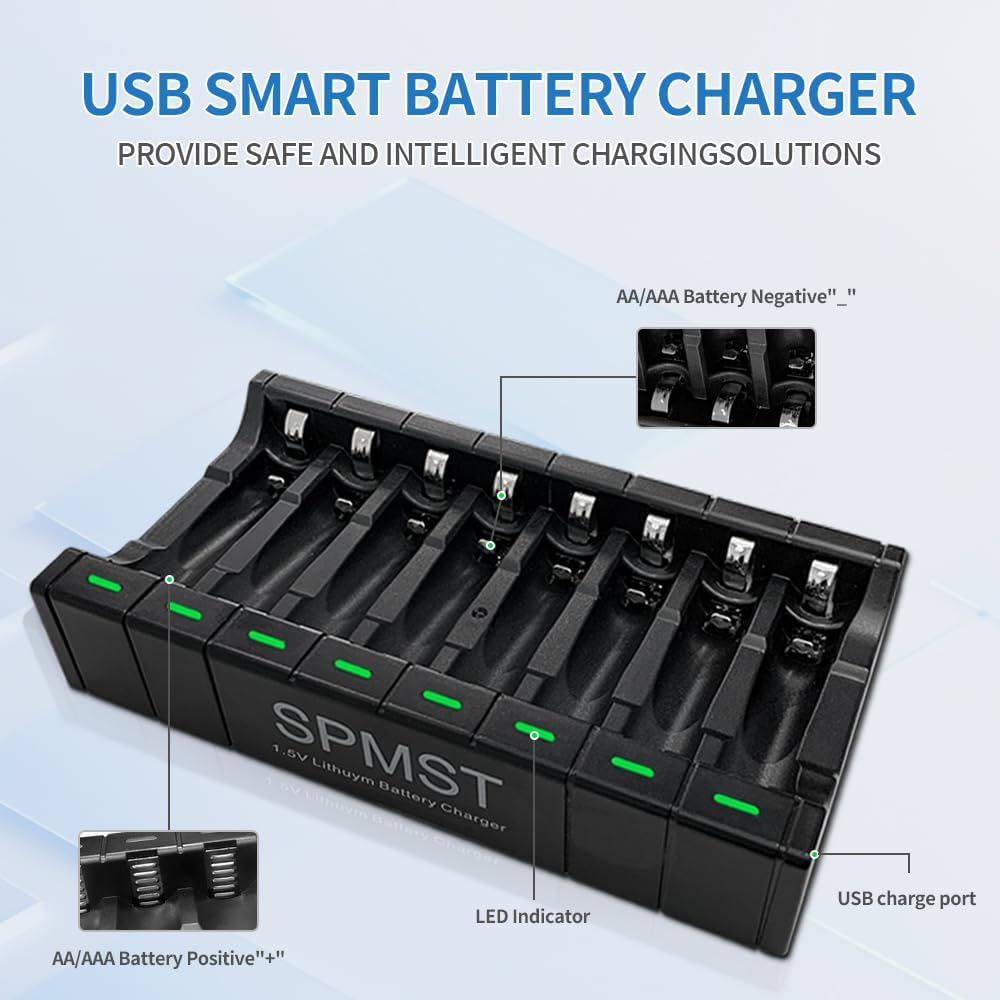 SPMST 5V 2A 8-Slot 1.5V AA/AAA Battery Charger: A Type-C Fast Charger with LED Indicators for Lithium AA/AAA Batteries
