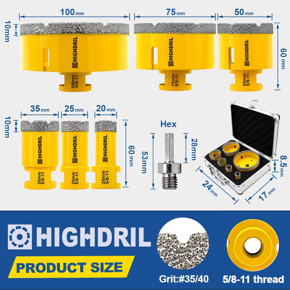 HIGHDRIL Diamond Drill Bits Kit with 5/8-11 for Porcelain Tile Ceramic Marble Brick Concrete Vacuum Brazed Hole Saw and HIGHDRIL Diamond Core Drill Bit - 6"(152mm) with 5/8-11 Thread Dry Drilling