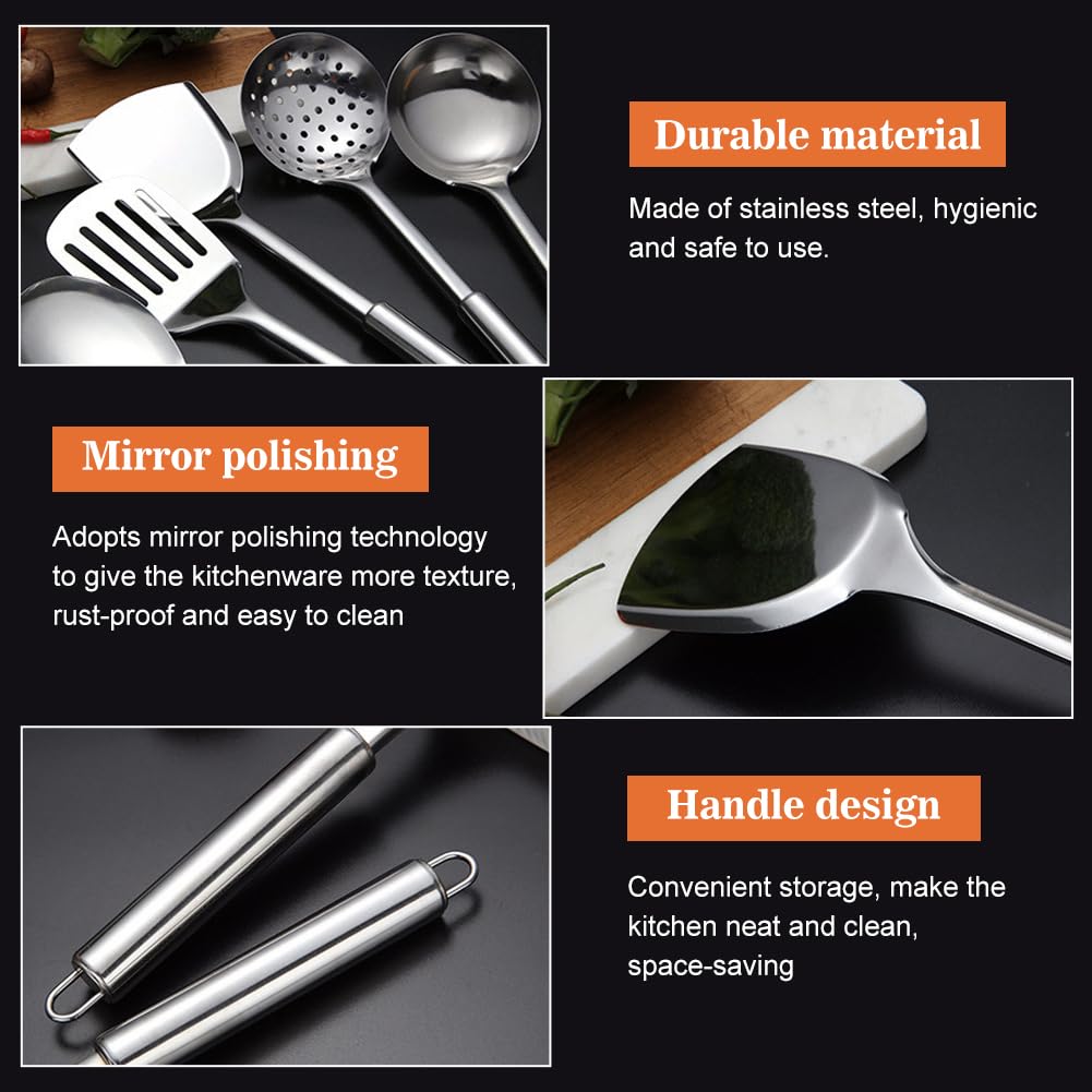5 PCS Cooking Utensils Set Stainless Steel Kitchen Utensils Gadgets Resistant Cooking Tools Includes Slotted Spoon, Slotted Spatula, Large Spoon, Soup, Spatula(Sliver)