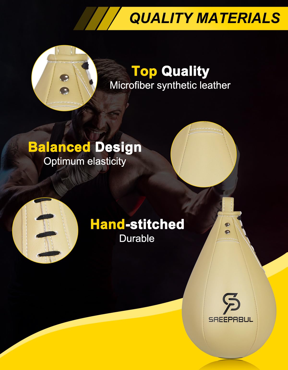 SAEEPABUL Boxing Speed Bag for Adults - Professional Synthetic Leather Punching Bag with Latex Bladder, Adjustable Training Equipment for Home Gym Fitness Beige