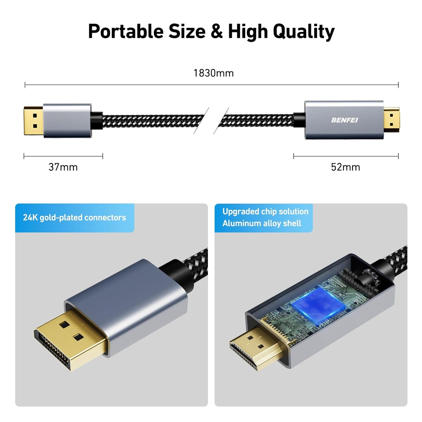 4K 6 1.2 1.4 BENFEI DisplayPort to HDMI Feet Cable[Aluminum Shell, Nylon Braided], Uni-Directional DP Computer to HDMI