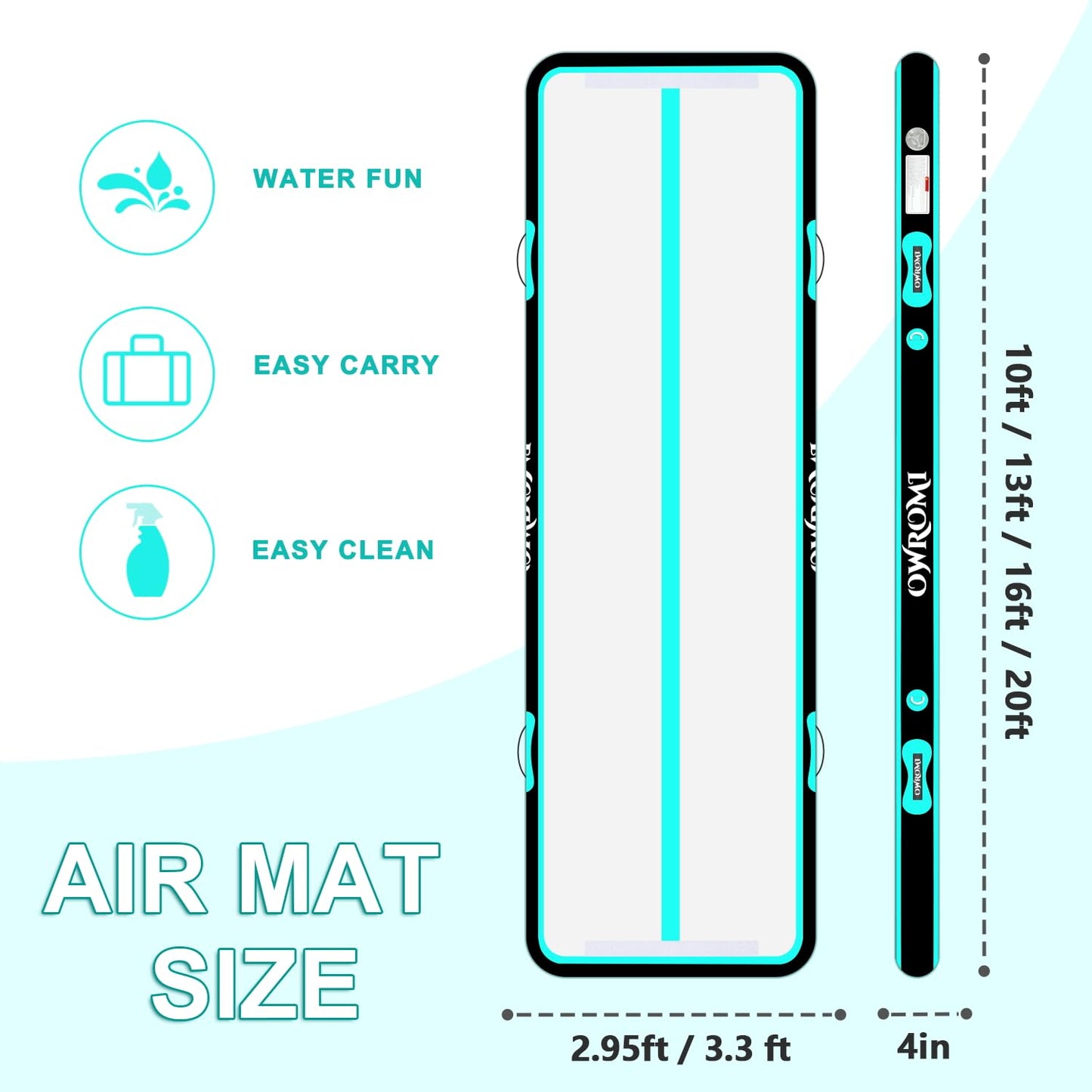 OWROMI Inflatable Air Gymnastics Mats for Tumbling, 10ft/13ft/16ft/20ft Tumble Track Tumbling Mats for Kids, 4/8 Inches Thick Training Mat with Electric Pump Gymnastics Equipment for Kids Mat
