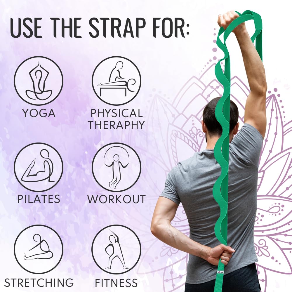 TECEUM Soft Cotton Stretching Strap for Sensitive Skin – Yoga Strap for Physical Therapy – 10 Loops Non-Elastic Stretch Band for Flexibility, Hamstring, Pilates & Rehab