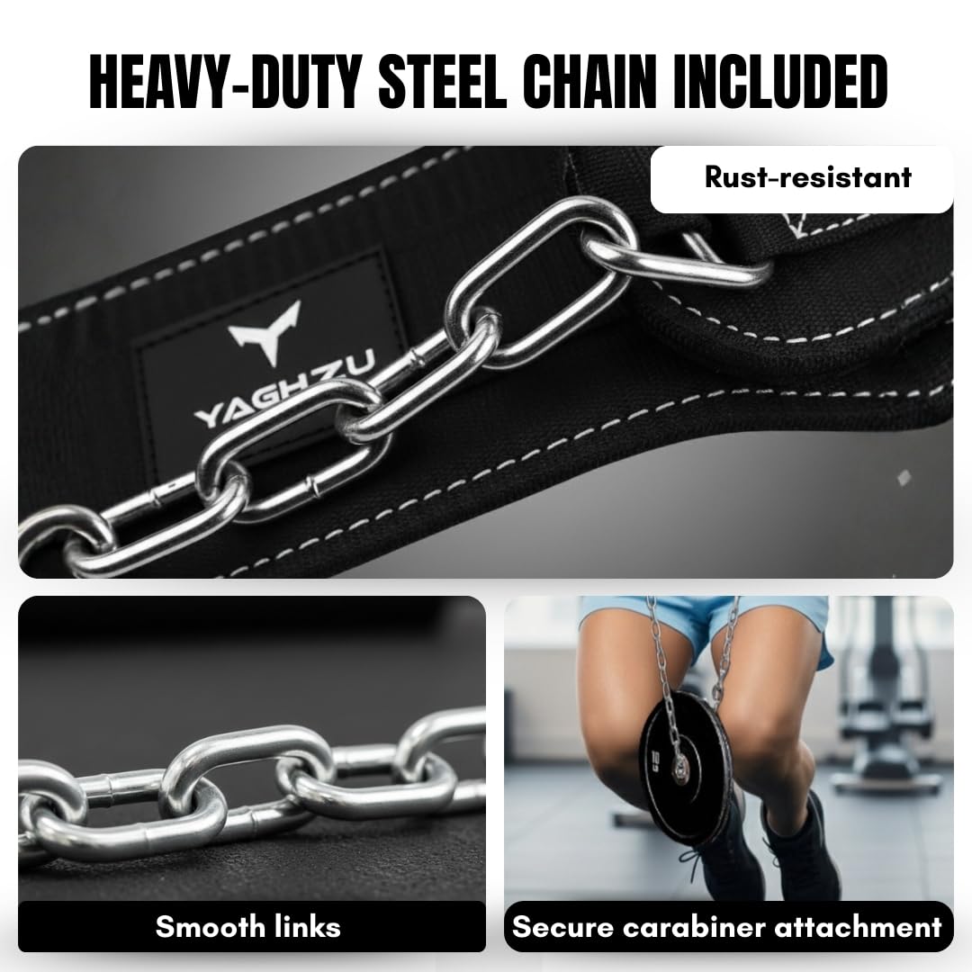 YAGHZU Dip Belt with Chain – Weighted Pull Up Belt, Dip Weight Belt, Weightlifting Belt for Pullups, Squats, and Dips, Belt Squat Attachment Ideal Weight Belt for Pullups, Weightlifting, and Gym Workouts (Black)