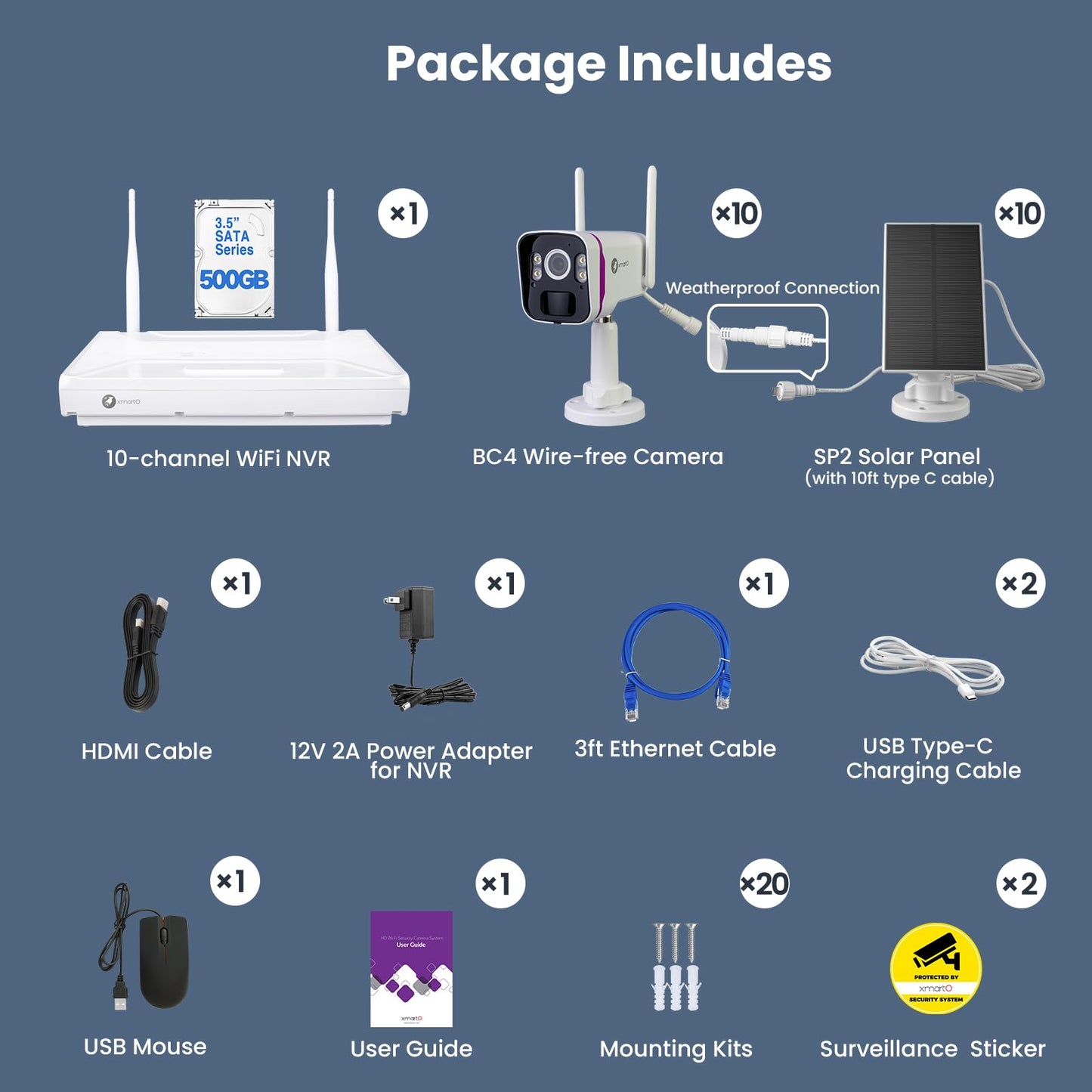xmartO Solar Wireless Security Camera System, 10CH 4K Expandable WiFi 6 NVR 10 * 4MP 2K Outdoor Cameras, Weatherproof Solar, IR&Color NV, Long-Range WiFi Mesh, Free 2-Years Video, No Monthly Fees
